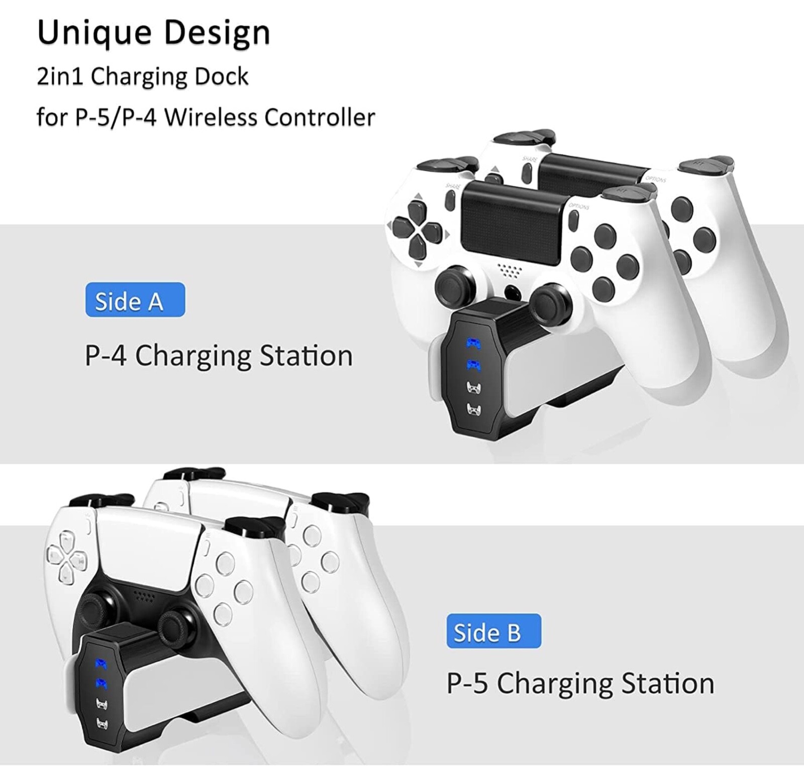 2 in 1 PS5 & PS4 Controller Charger, Charging Station DualSense Playstation 5&4