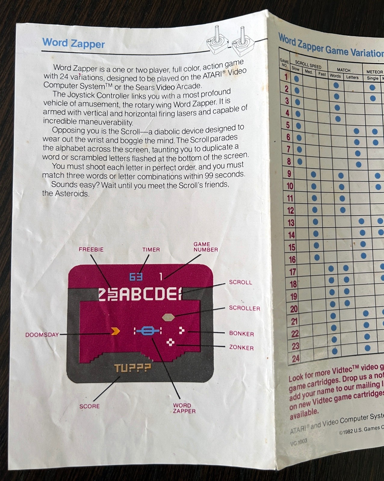 1982 Word Zapper Atari 2600 Video Game Cartridge by Vidtec + U.S. Games TESTED