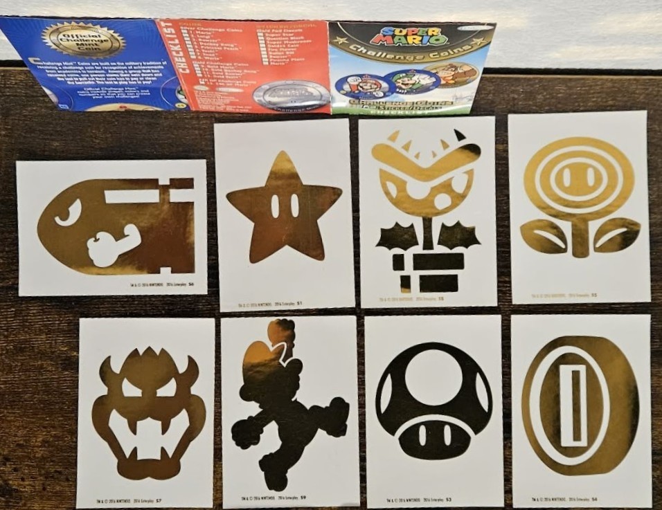 Super Mario Challenge Coin Lot – 8of8 Silver C-C , 2of4 Gold C-C , 8of9 Decals