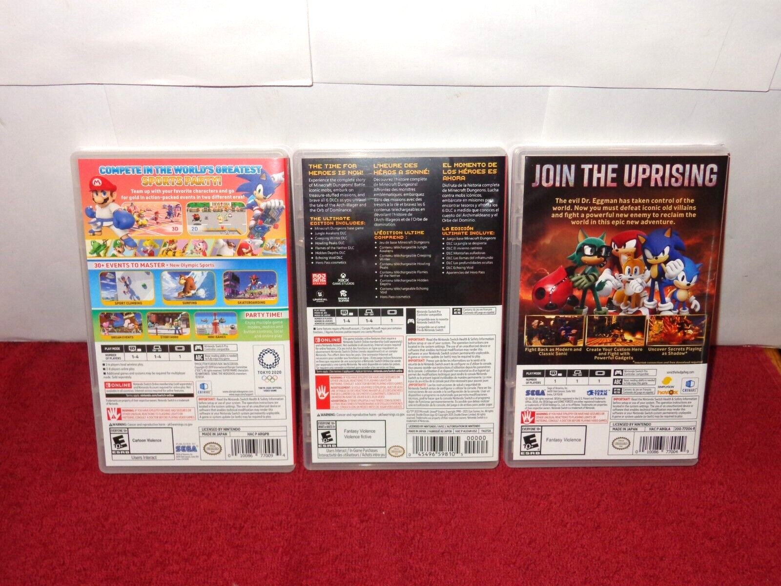 3 NINTENDO SWITCH GAMES – SUPER MARIO BROS – SONIC & MINDCRAFT IN BOXES – Z406