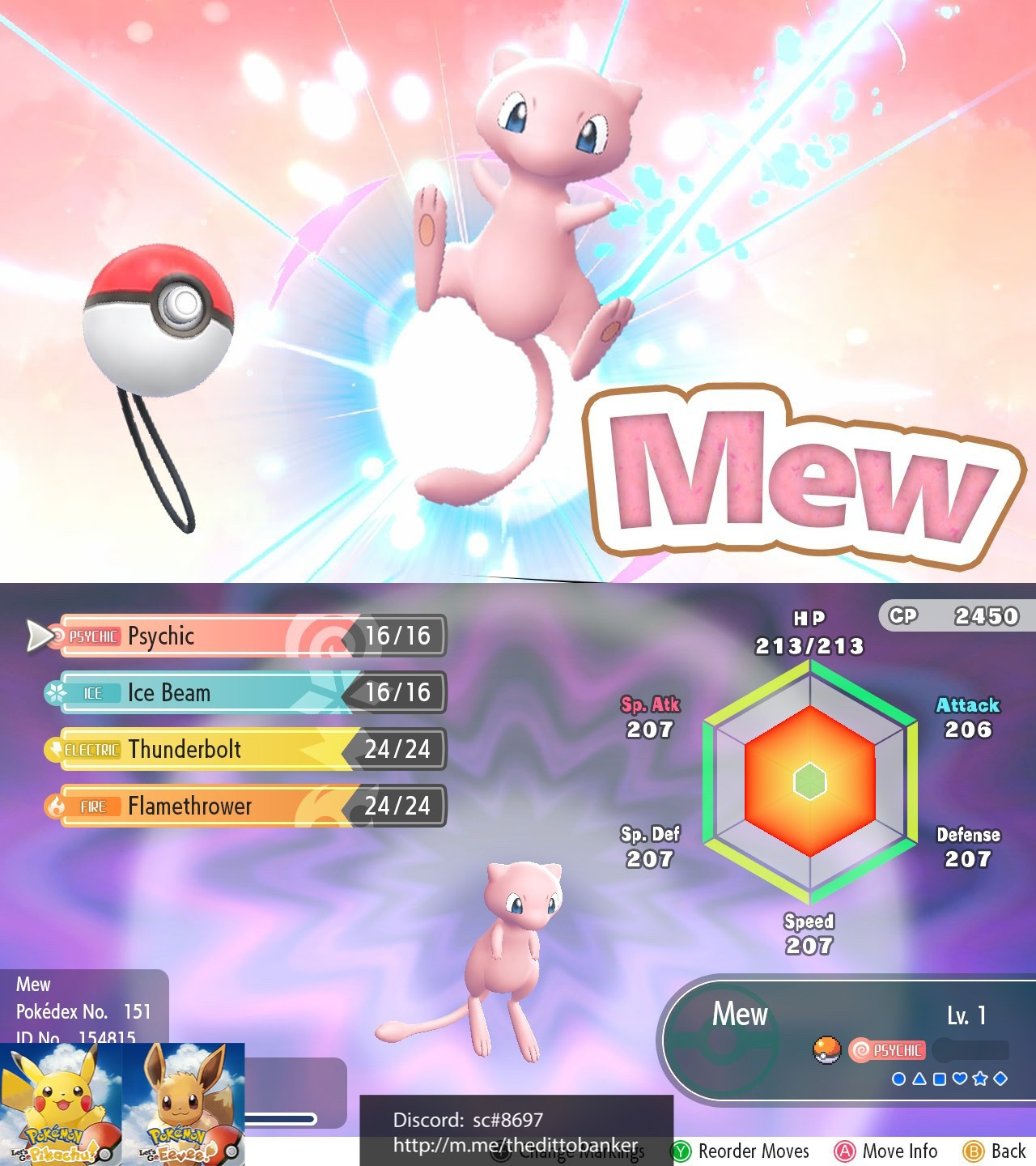Pokemon Let’s Go Pikachu/Eevee MEW Pokeball Plus Ver Lv.1 6IV Digital Transfer!!