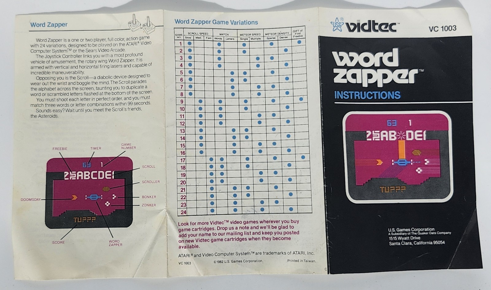 Word Zapper Atari 2600 Manual 1982 VG Vidtec US Games Space Arcade Retro