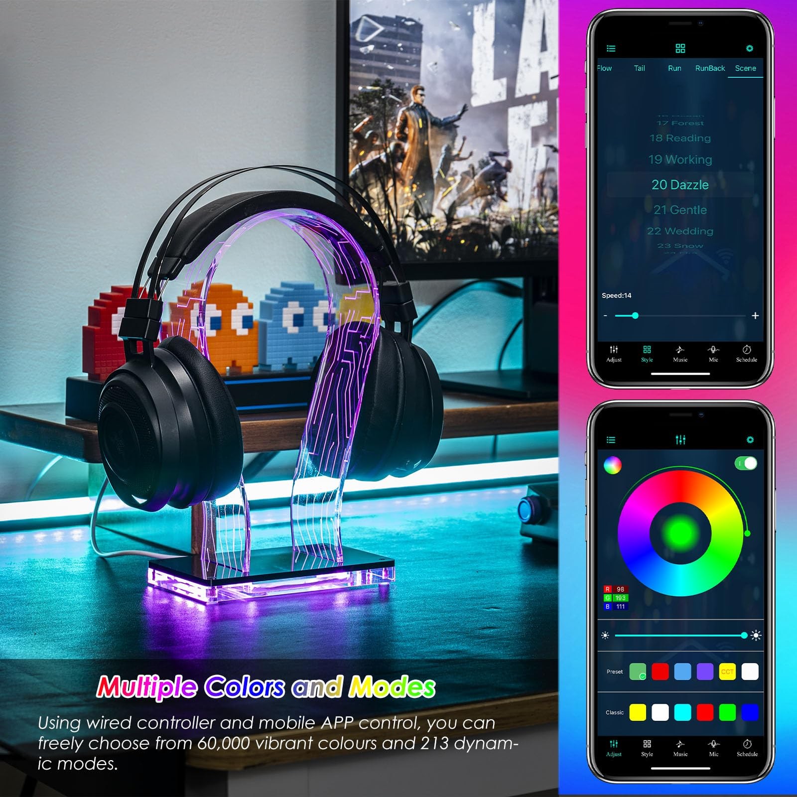 RGB Headphone Stand 213 Modes 60000 Colors Remote and App Controls Acrylic