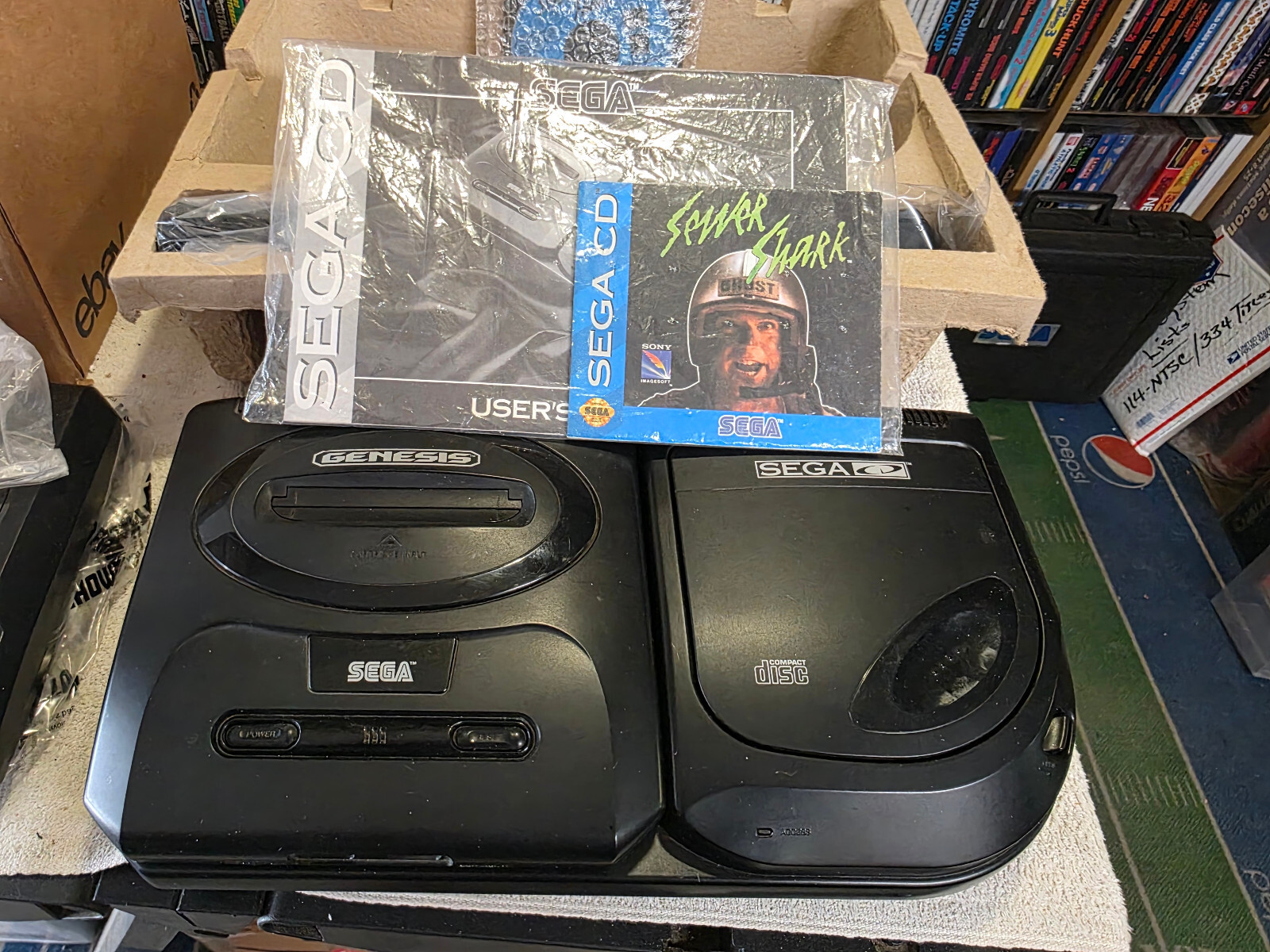 Sega CD Model 2 Console w/Genesis 2 Console w/Sewar Shark-CIB PLUS! VGC! TESTED!