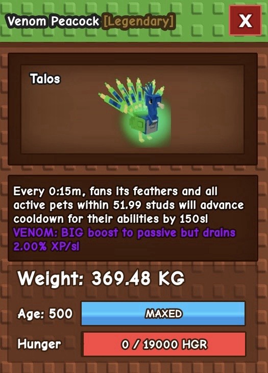 Grow A Garden Venom Peacock Max Age, 369 KG