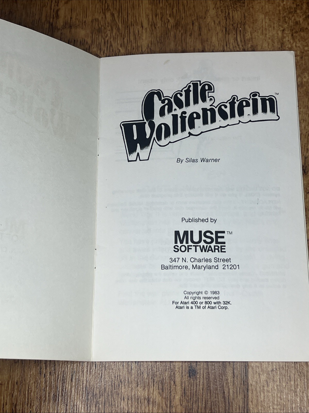 Vintage 1983 Muse Software Castle Wolfenstein For Atari 400-800 MANUAL ONLY VG