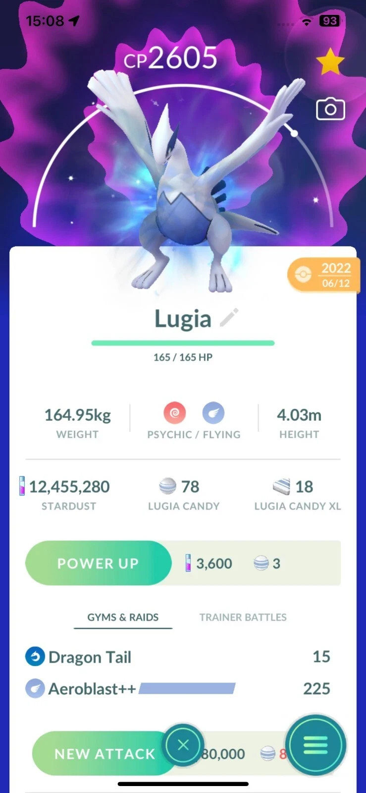 Lugia APEX Purified leve 50 – 3 moves – Trade 1 million stardust + trinket lucky