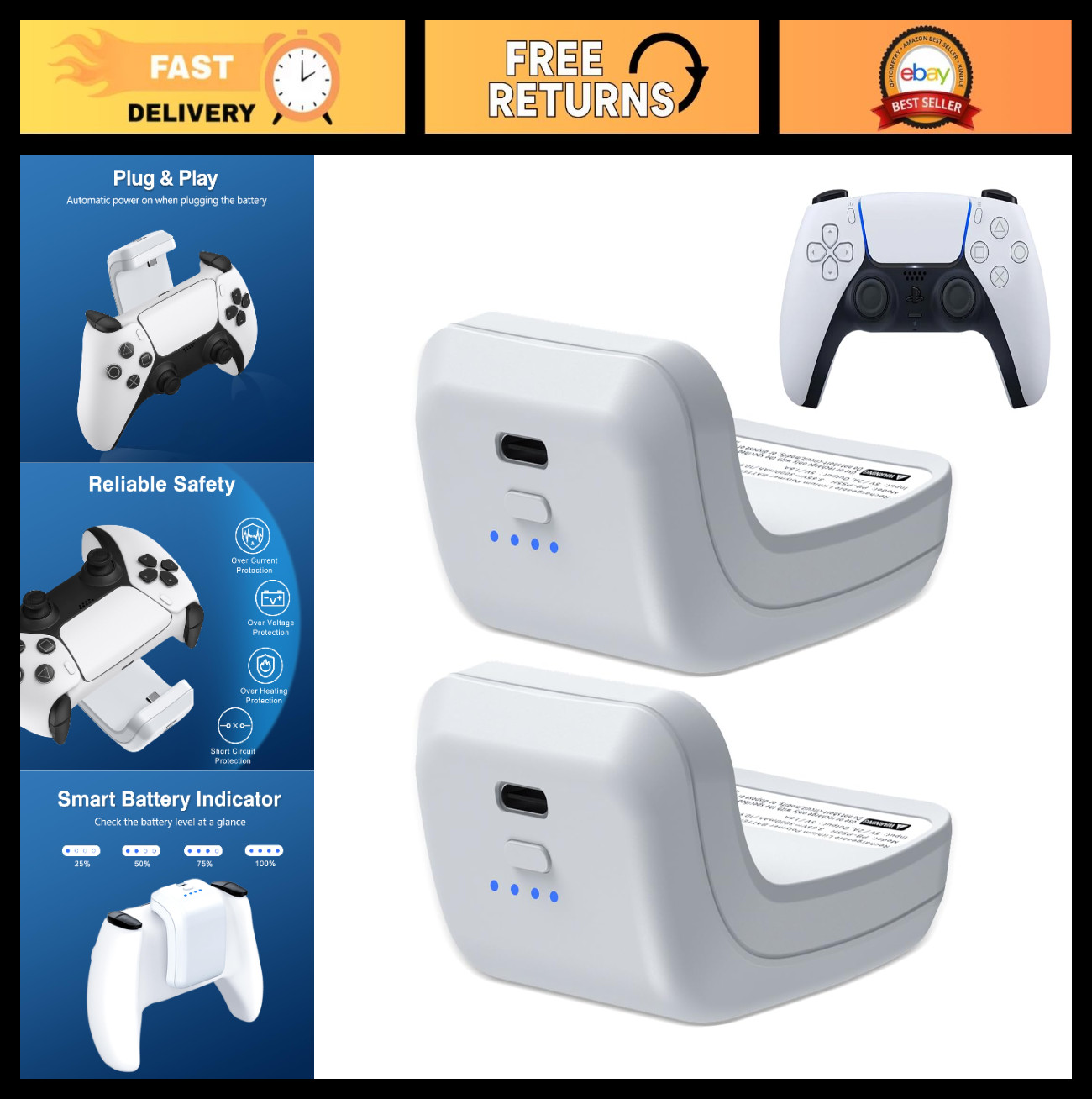 2X 3000mAh PS5 Controller Battery Pack – External Replacement & USB-C Charger