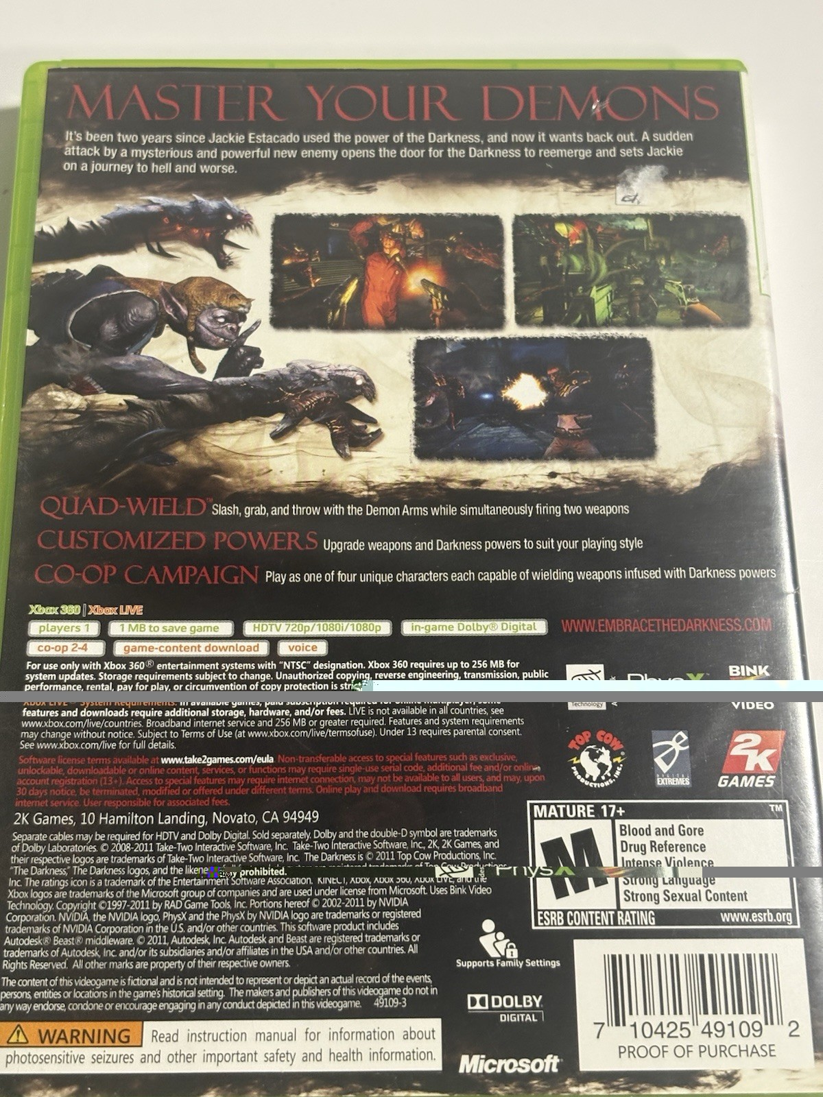 The Darkness II CIB Complete Microsoft Xbox 360