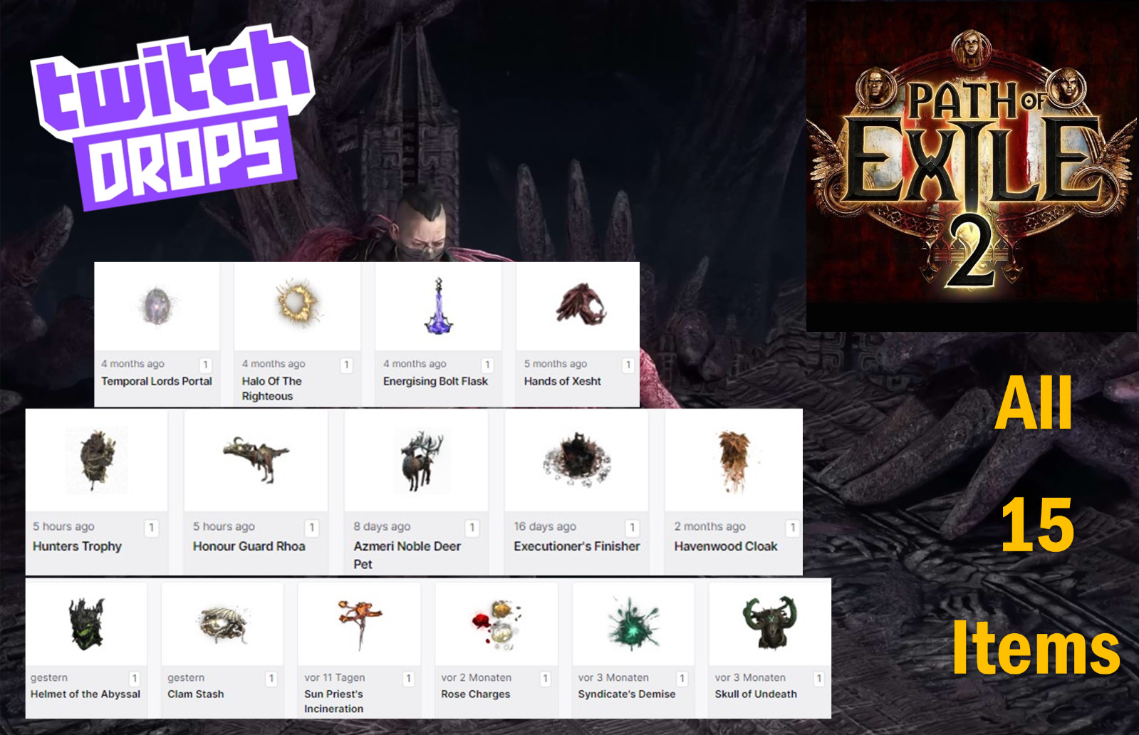 Path of Exile 2 Twitch Drops – Hands of Xesht + 12 More – 15 PoE 2 Items/Skins