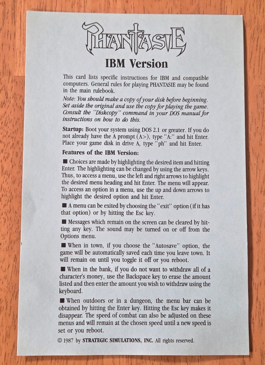Phantasie SSI IBM PC Big Box Game 1987 Complete CIB 5.25″ Floppy Disk