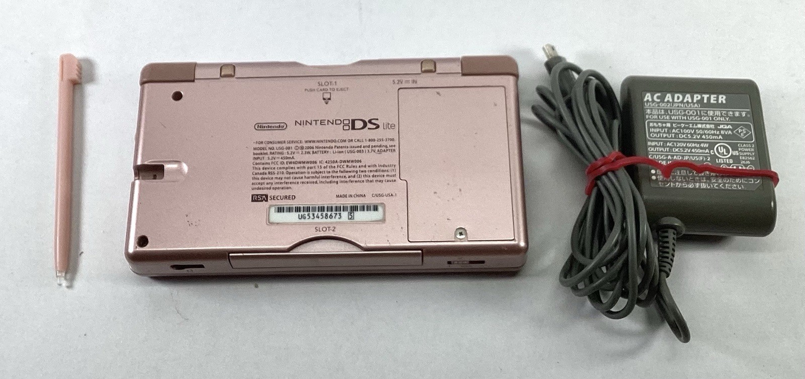 Nintendo DS Lite USG-001 Rose Pink OEM Charger UG-002 Stylus W/Scratches Tested
