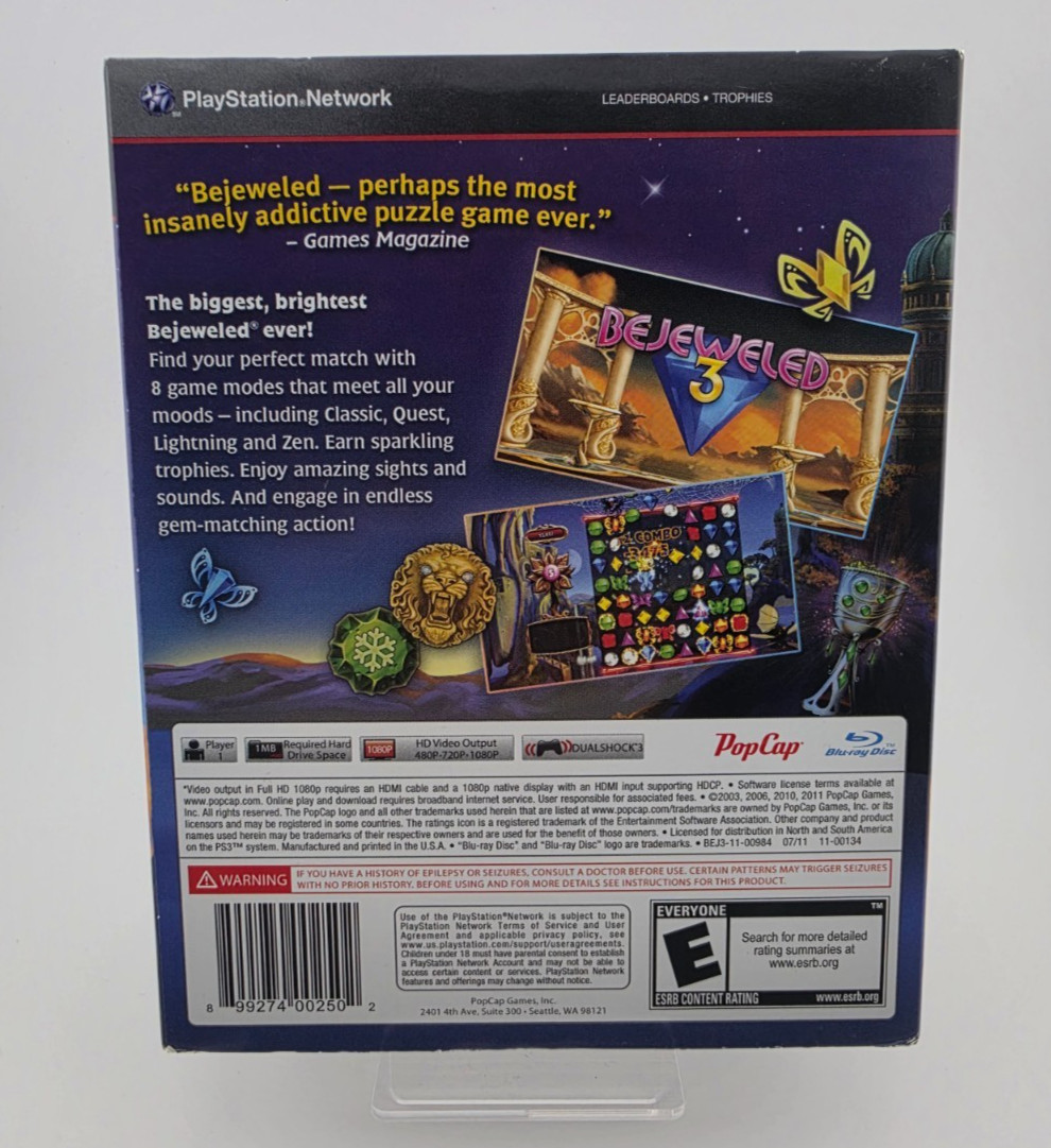 Bejeweled 3 PS3 (Sony Playstation 3) New, Sealed, w/ Slipcover.