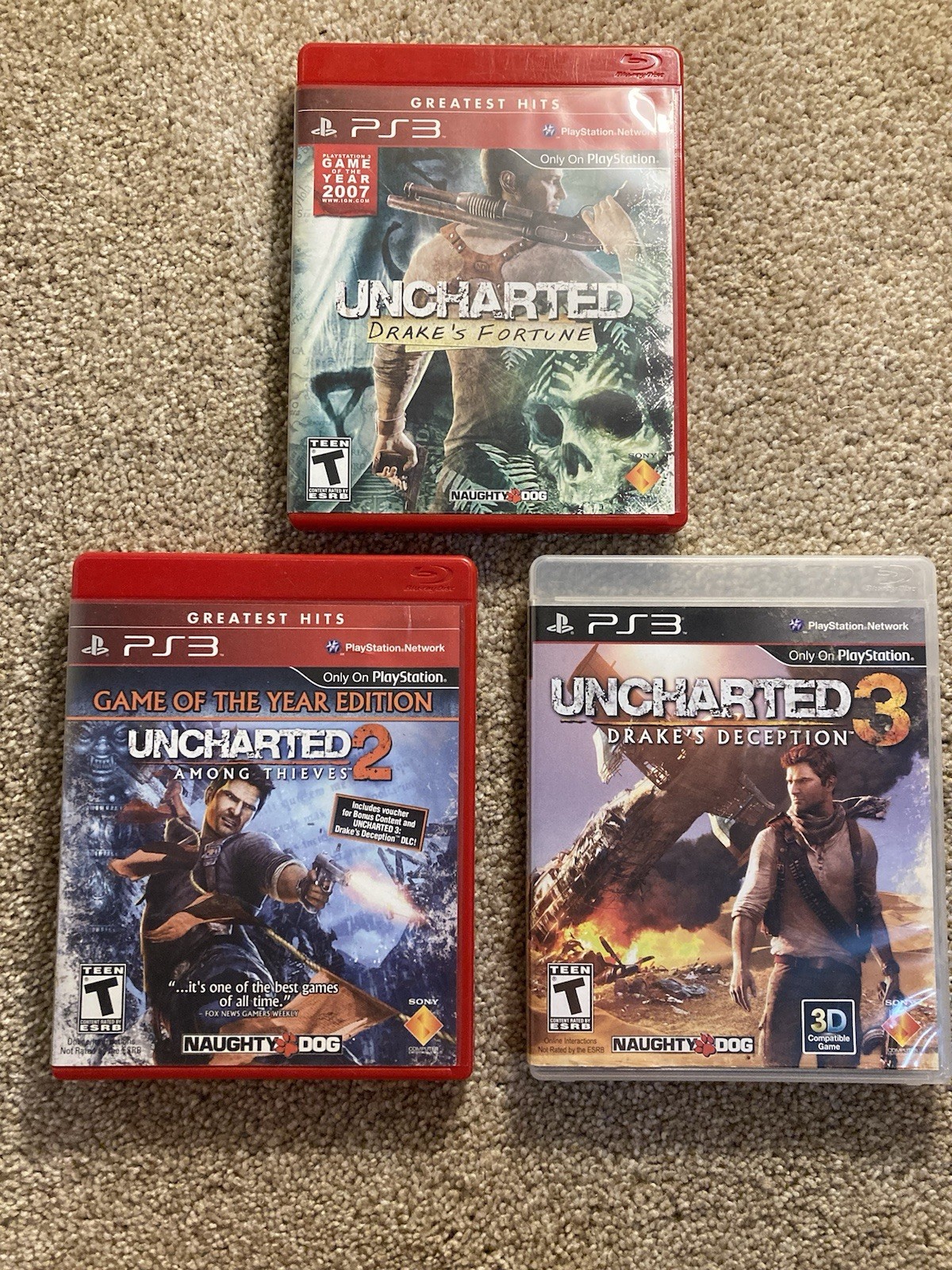 Uncharted 1, 2, & 3 Trilogy LOT (Sony PlayStation 3) RARE OOP COMPLETE IN BOX