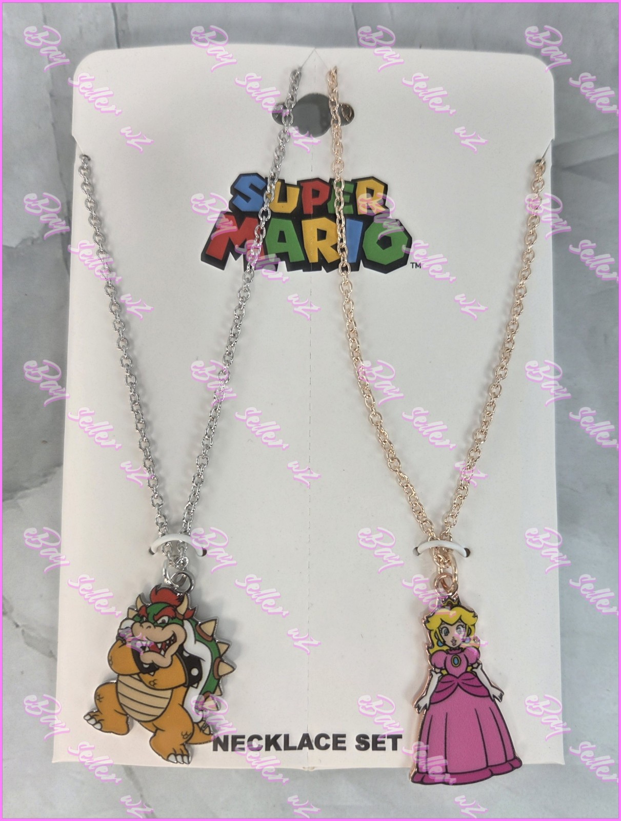 Princess Peach & Bowser Best Friend 2 Necklace Set Super Mario Bros Official NEW