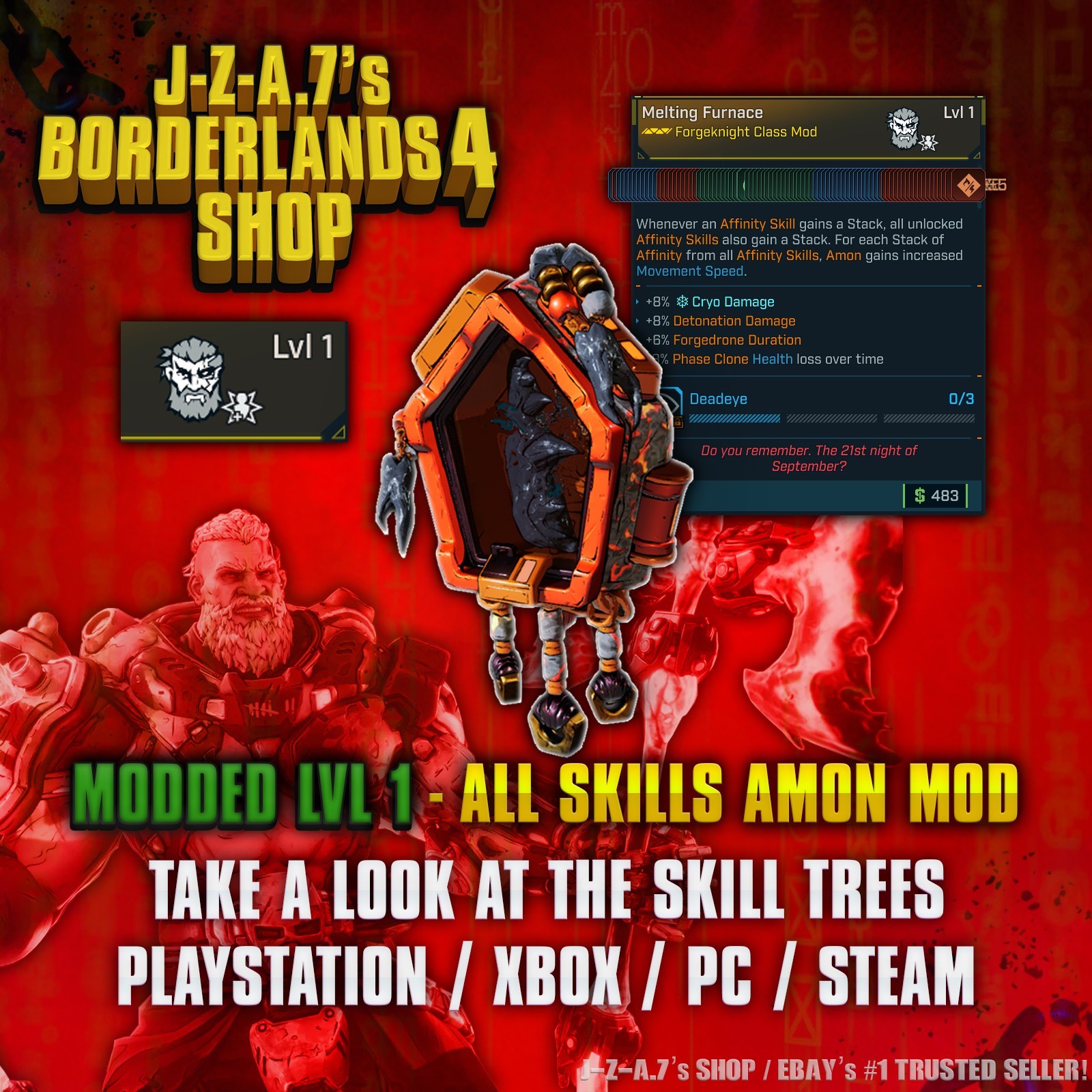 Borderlands 4✨ MODDED LEVEL 1 ONE ALL SKILLS AMON CLASS MOD BL4 ✅PC-PS-XBOX✨