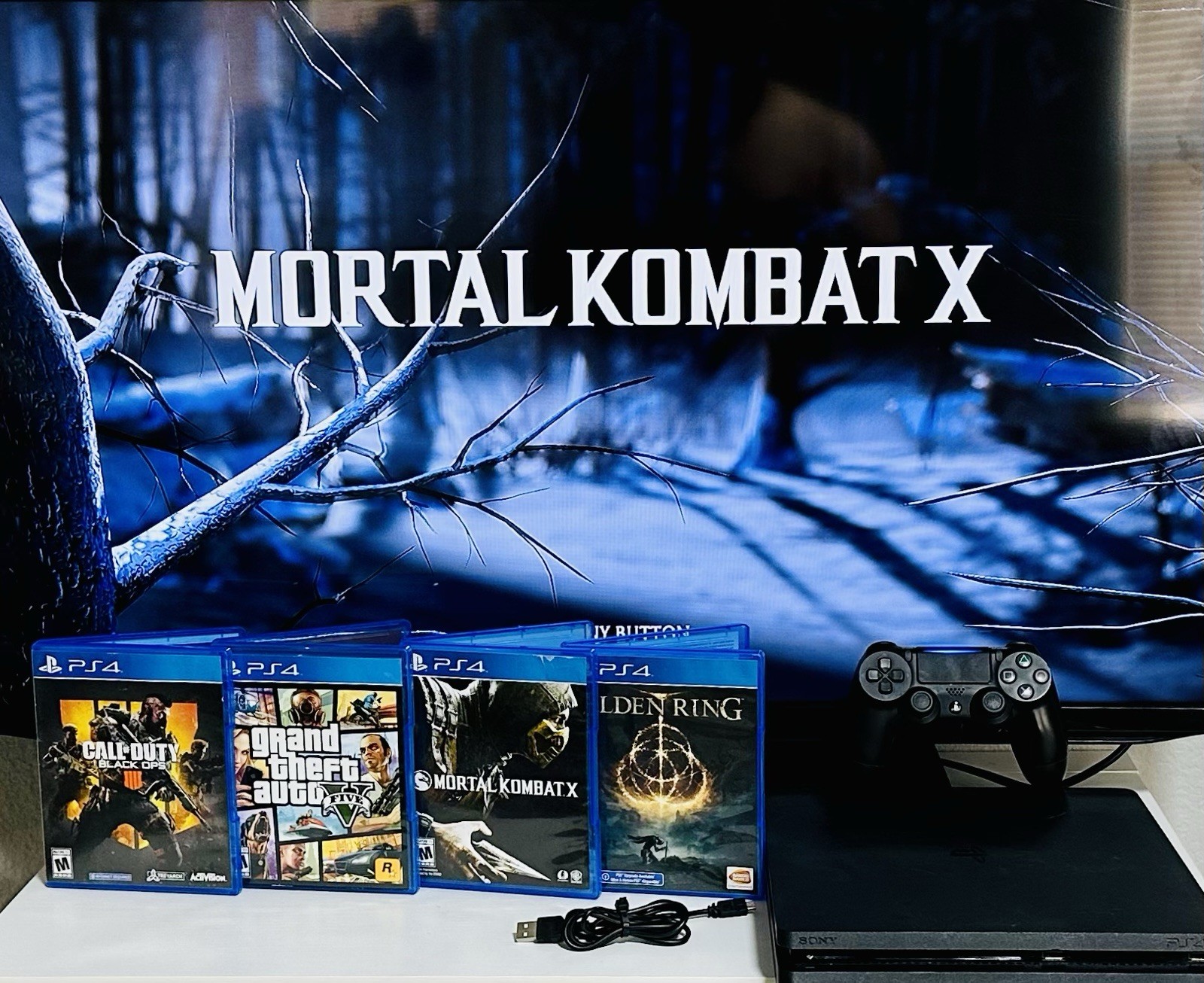 Sony PlayStation 4 (PS4) Slim 1TB Console CUH-2215B W/4 Games, Remote & Cables!