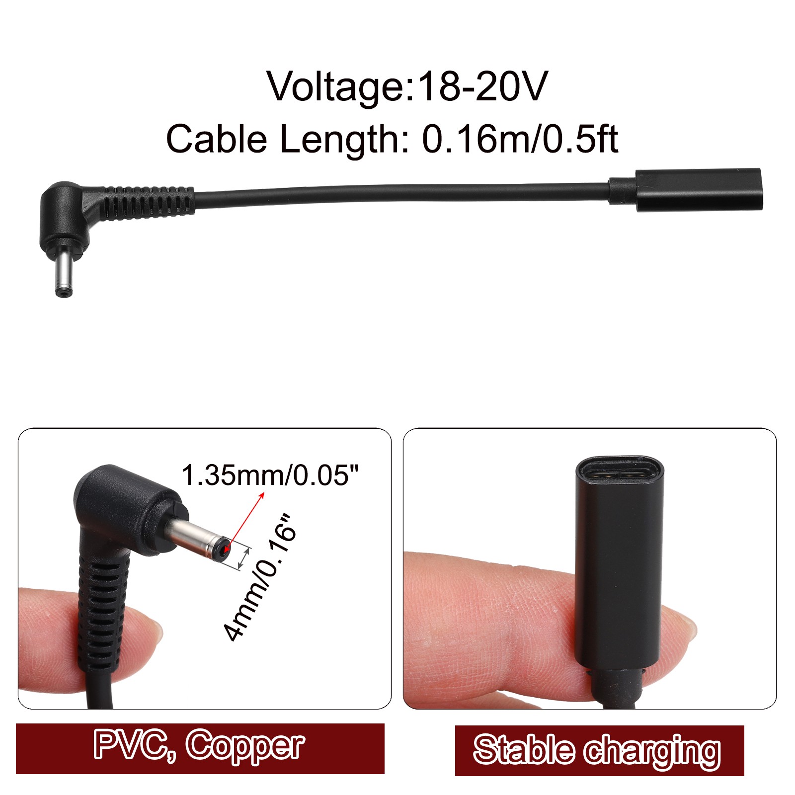 0.5FT USB C to DC PD Power Fast Charging Cable, 4mmx1.35mm 65W/18V-20V(Black)