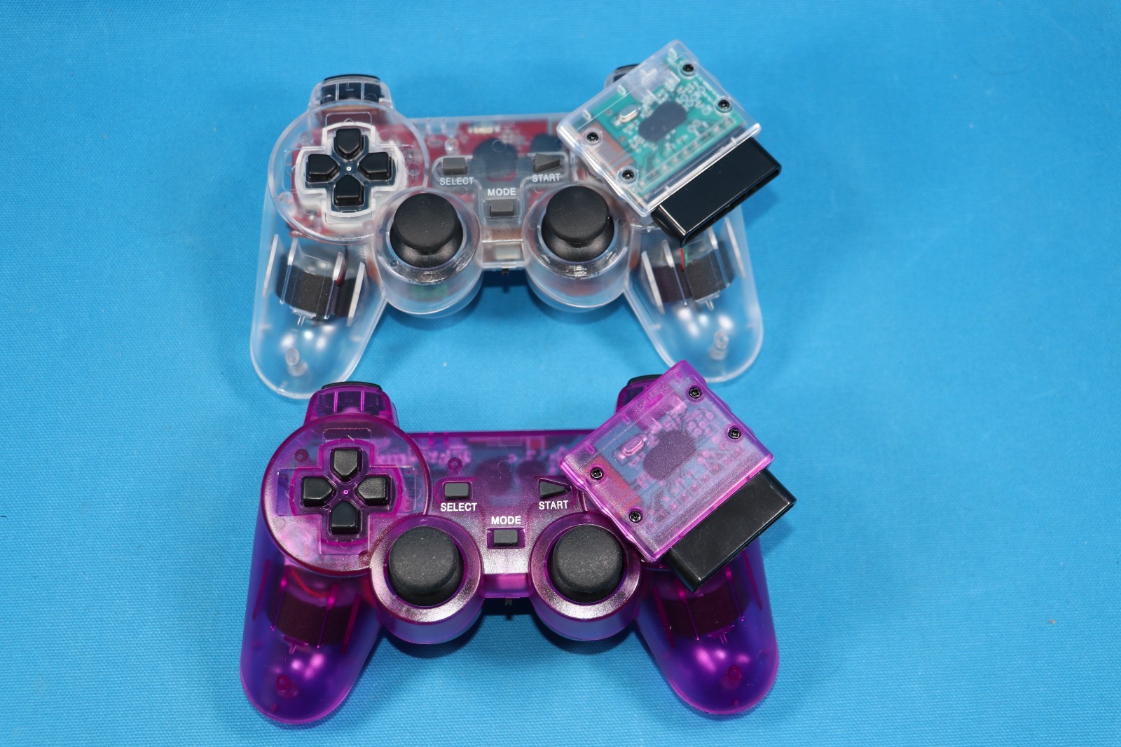 PLAYSTATION 2 PS2 PS1 Dual Vibration WIRELESS Controller CLEAR + PURPLE SET OF 2