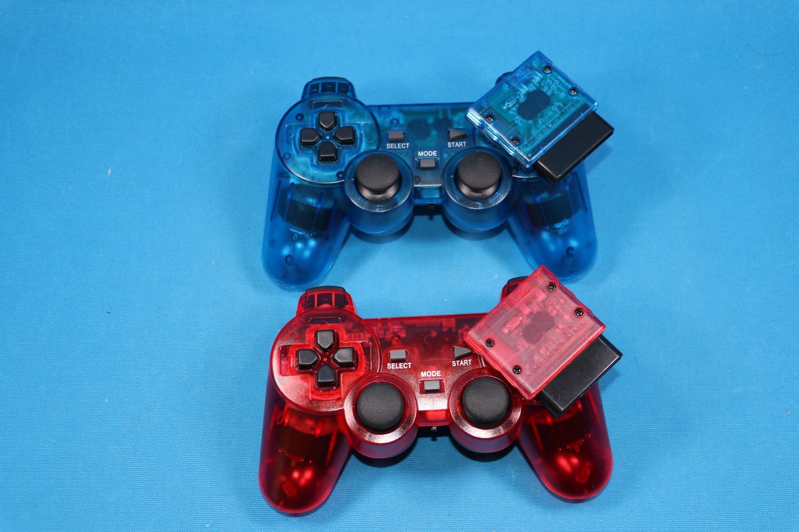 FOR PLAYSTATION 2 PS2 PS1 Dual Vibration WIRELESS Controller CLEAR RED BLUE 2LOT