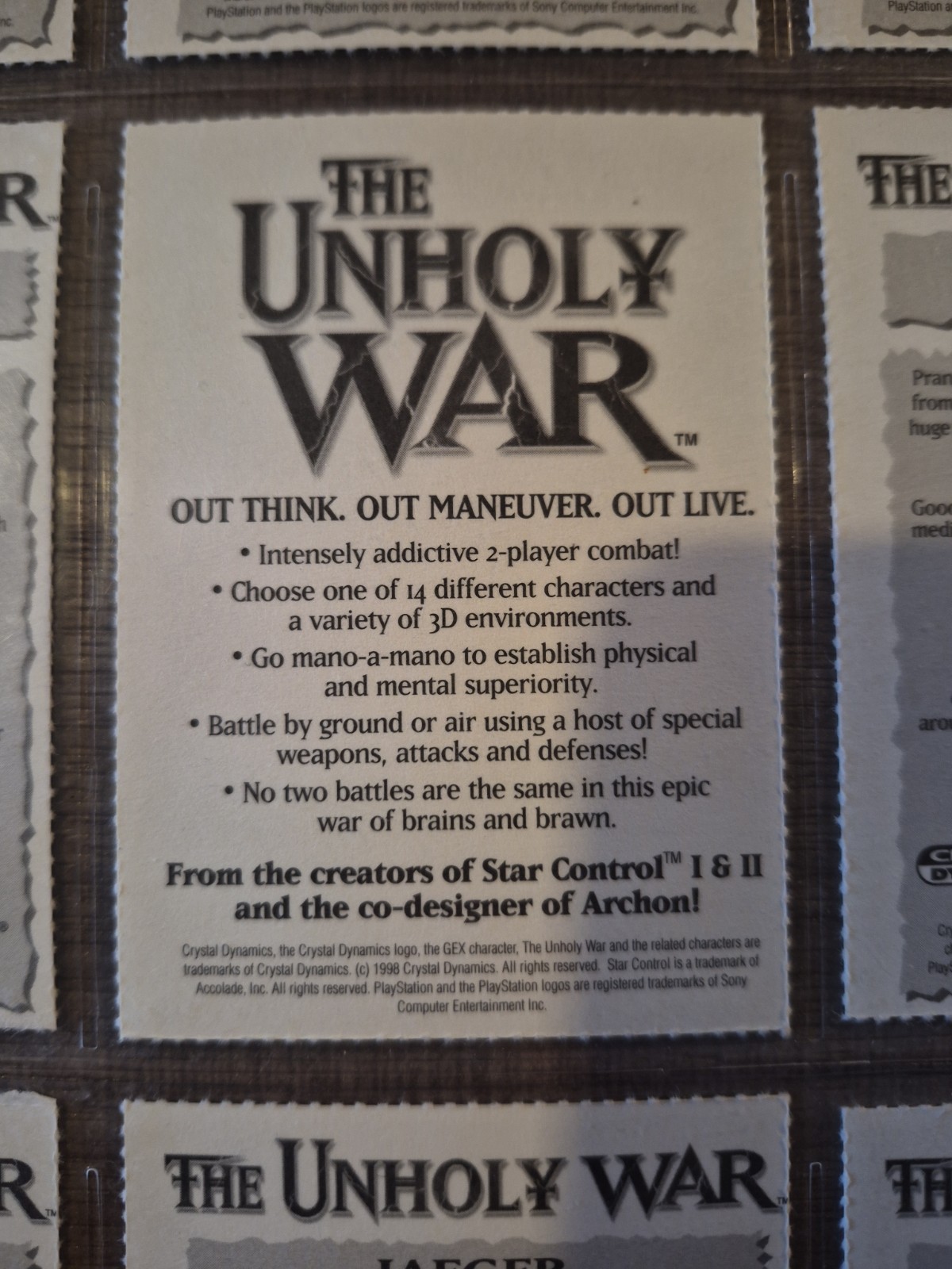 Vintage The Unholy War PlayStation 1 One character card sheet Crystal Dynamics