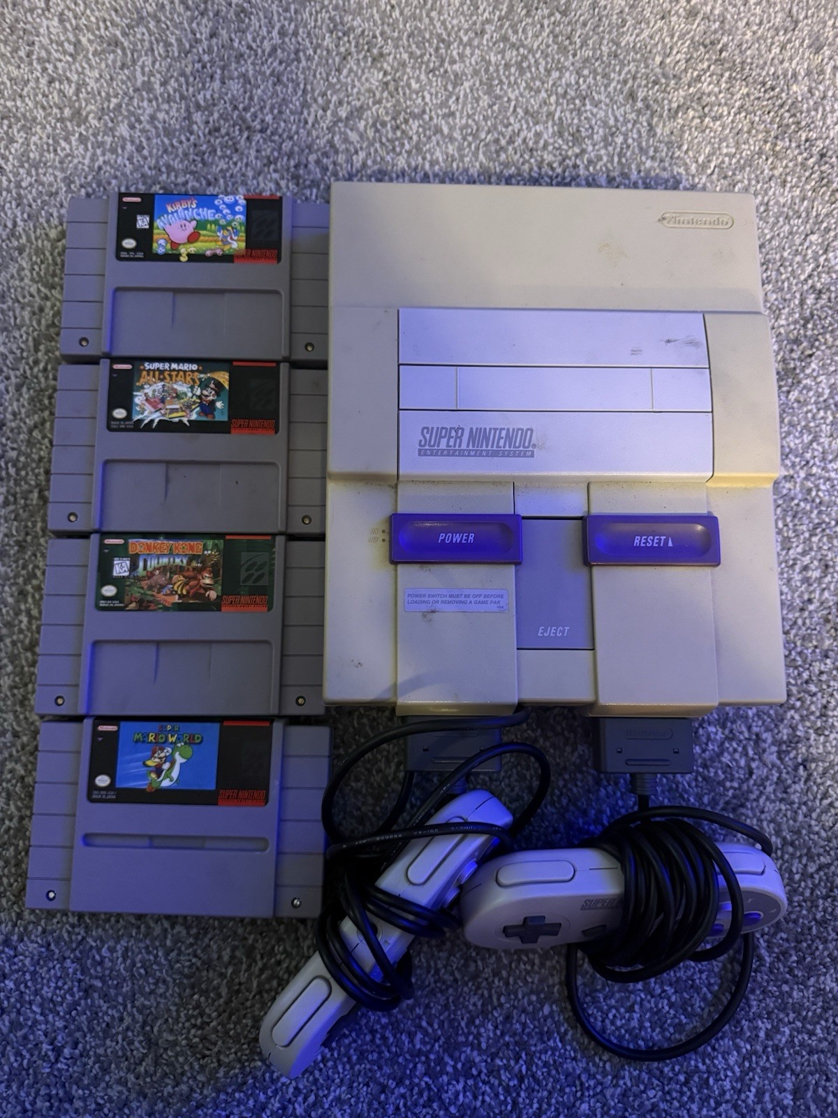 SNES Original Console w/ 2 Controllers, Cables, 4 Games **TESTED & Works