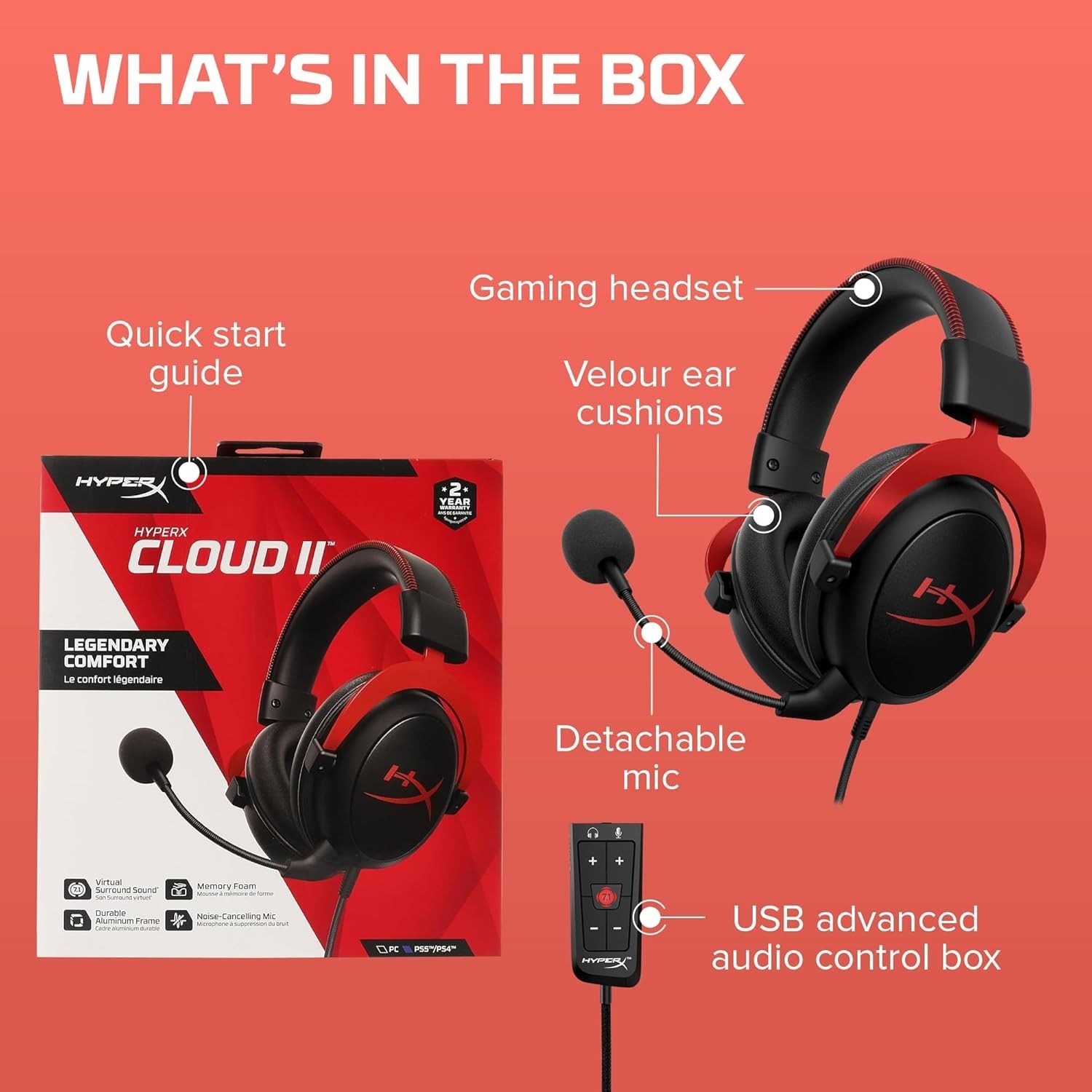 HyperX Cloud II Wired Gaming Headset Black/Red w/ Memory Foam & Leatherette READ