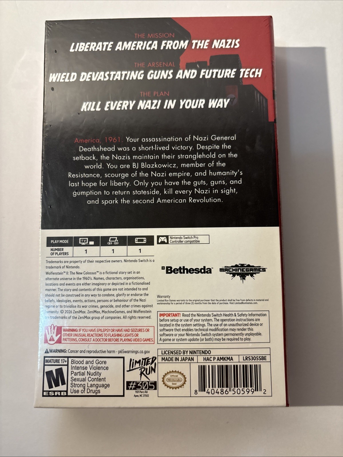 STEELBOOK EDITION WOLFENSTEIN 2 II THE NEW COLOSSUS LIMITED RUN GAMES U.S. ESRB