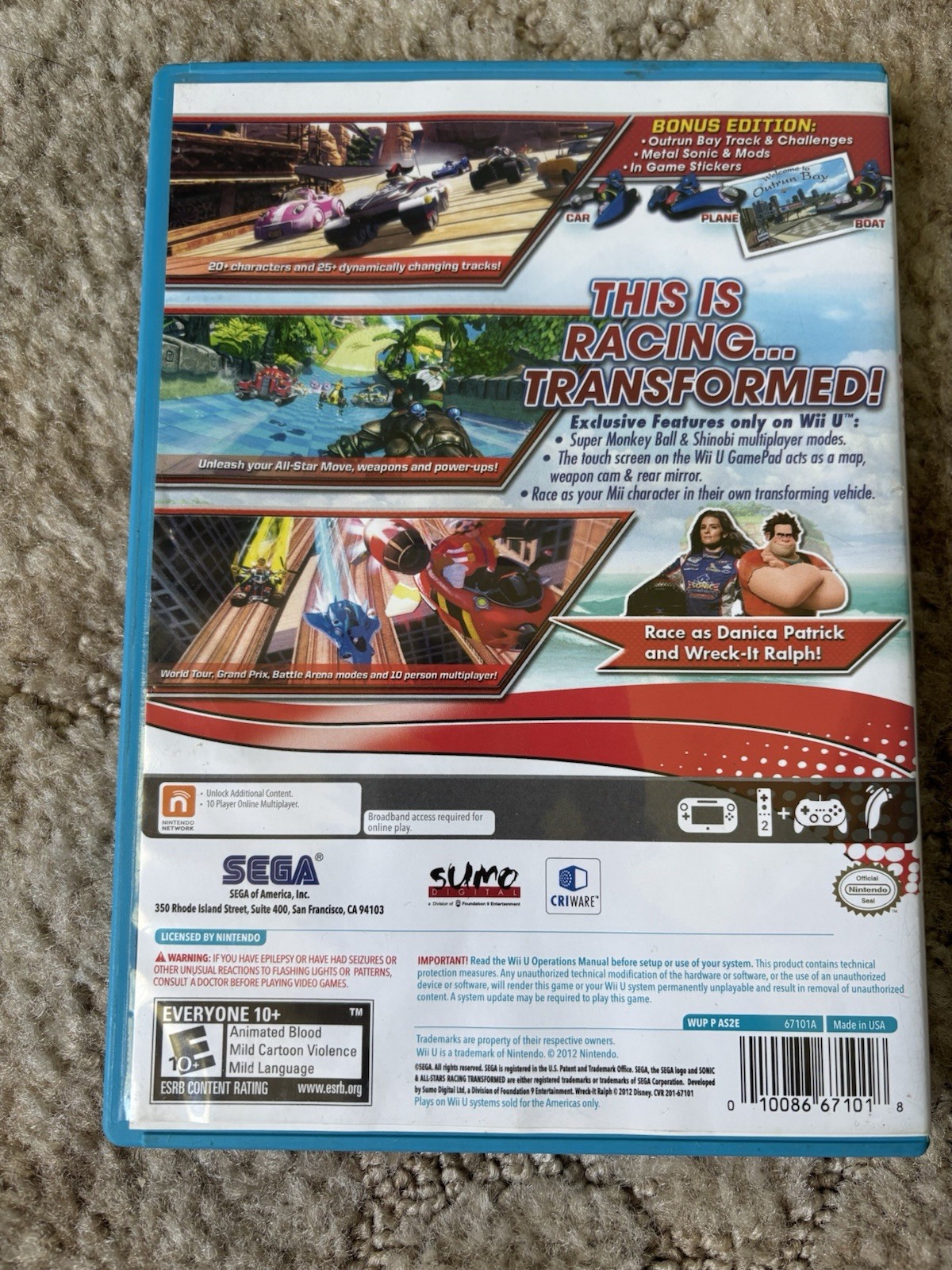 Sonic & All-Stars Racing Transformed Bonus Edition (Nintendo Wii U, 2012) CIB