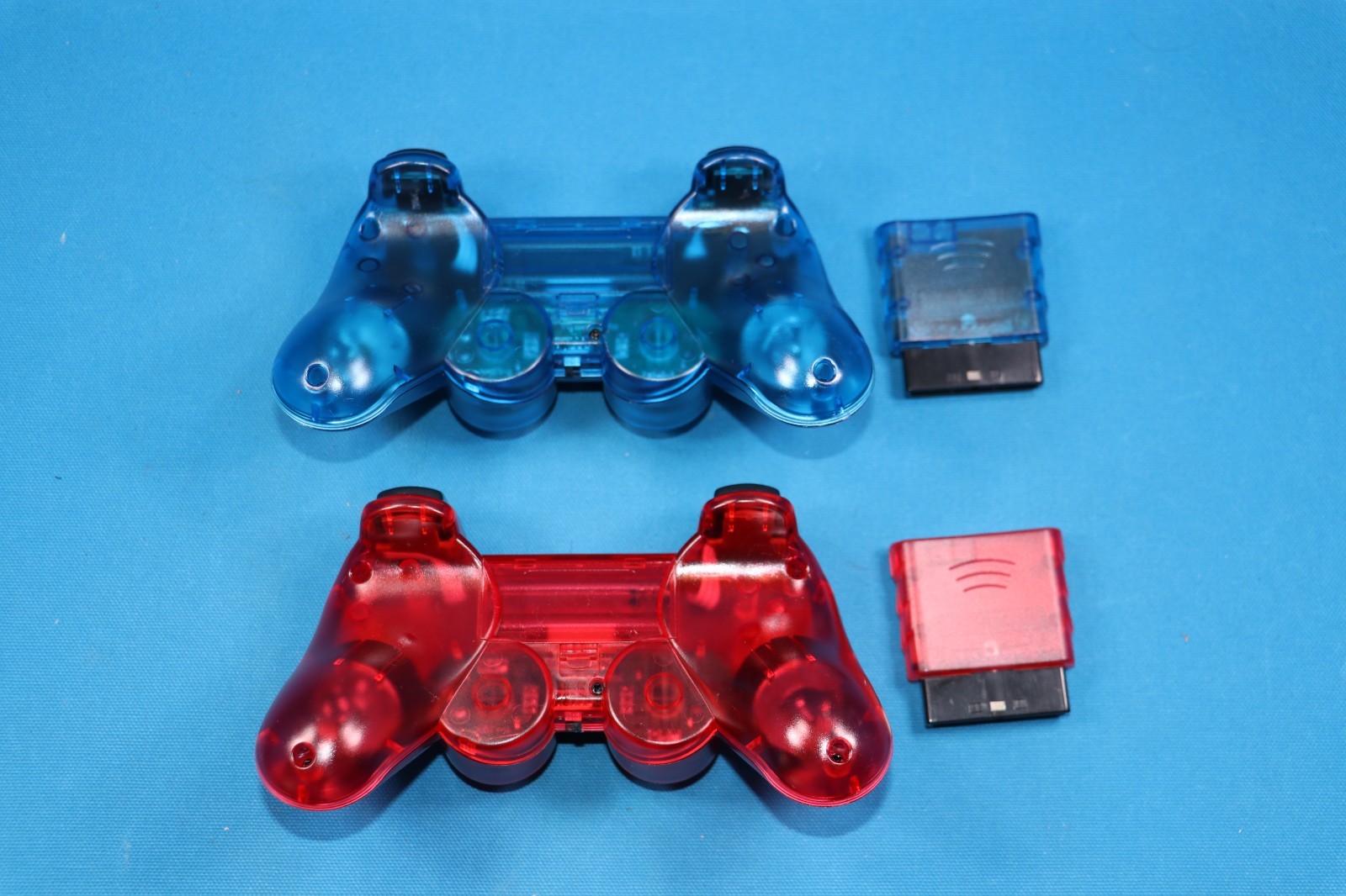 FOR PLAYSTATION 2 PS2 PS1 Dual Vibration WIRELESS Controller CLEAR RED BLUE 2LOT