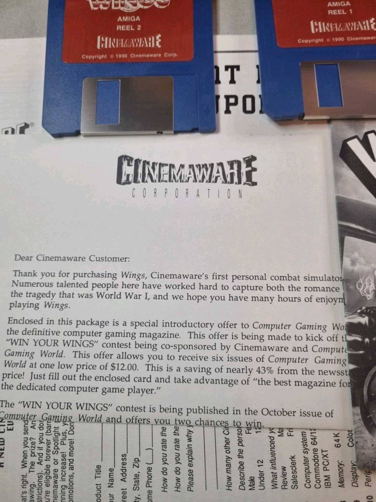 Wings Personal Combat Simulator Cinemaware Commodore Amiga Fully Complete CIB