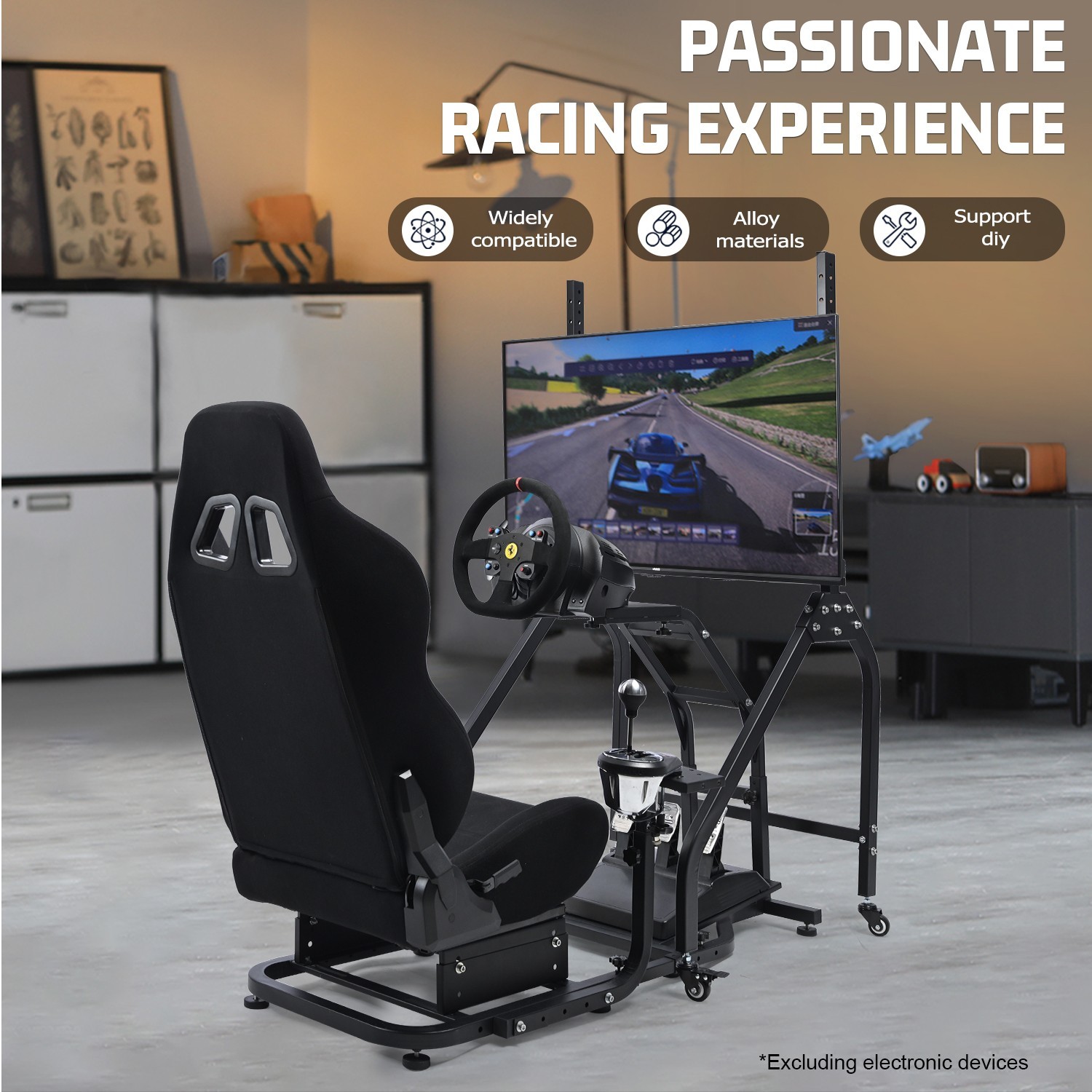 Marada Racing Simulator Cockpit With Black Seat And Monitor Stand For Logitech