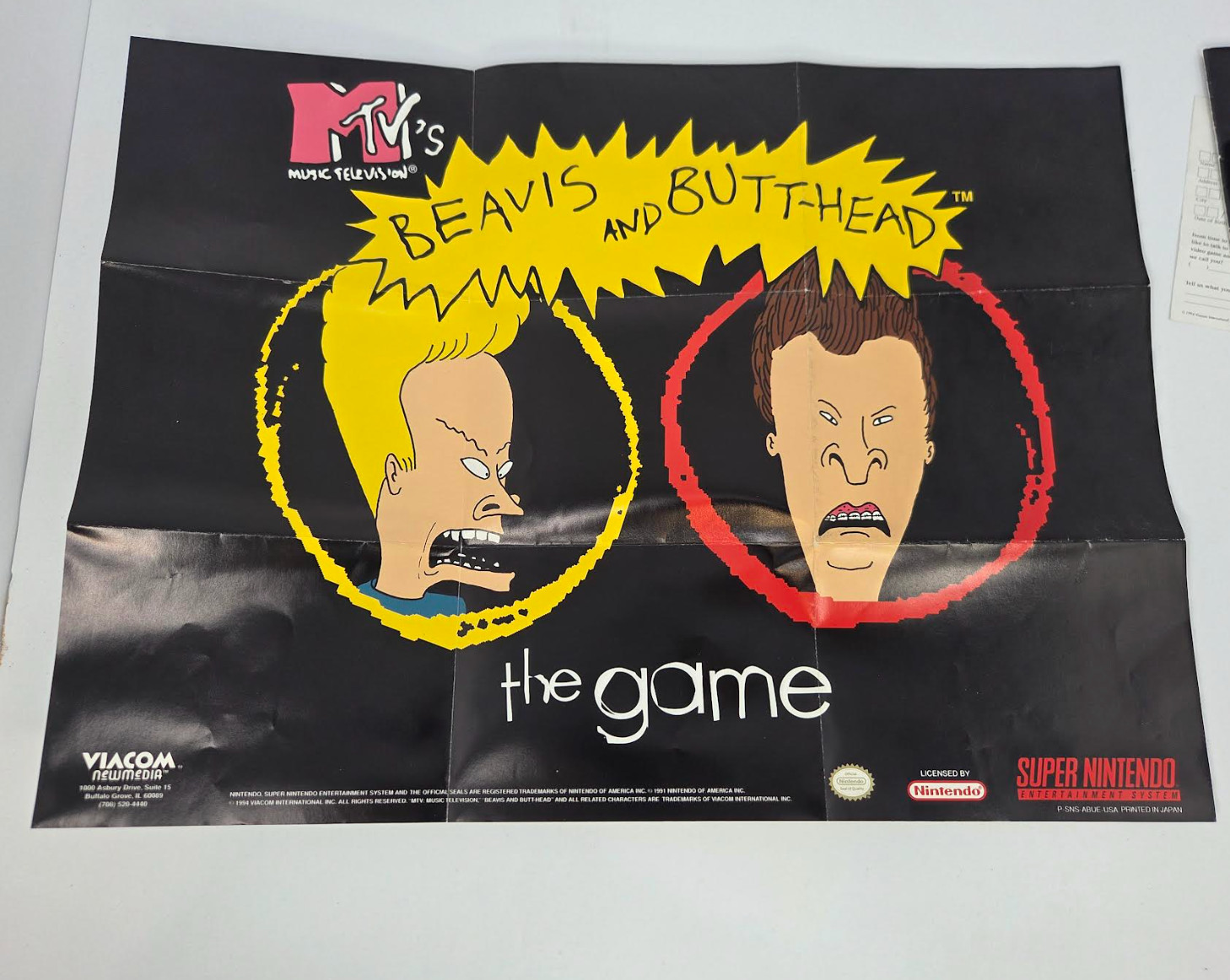 MTV Beavis and Butt-Head SNES Super Nintendo Game Manual Poster Inserts