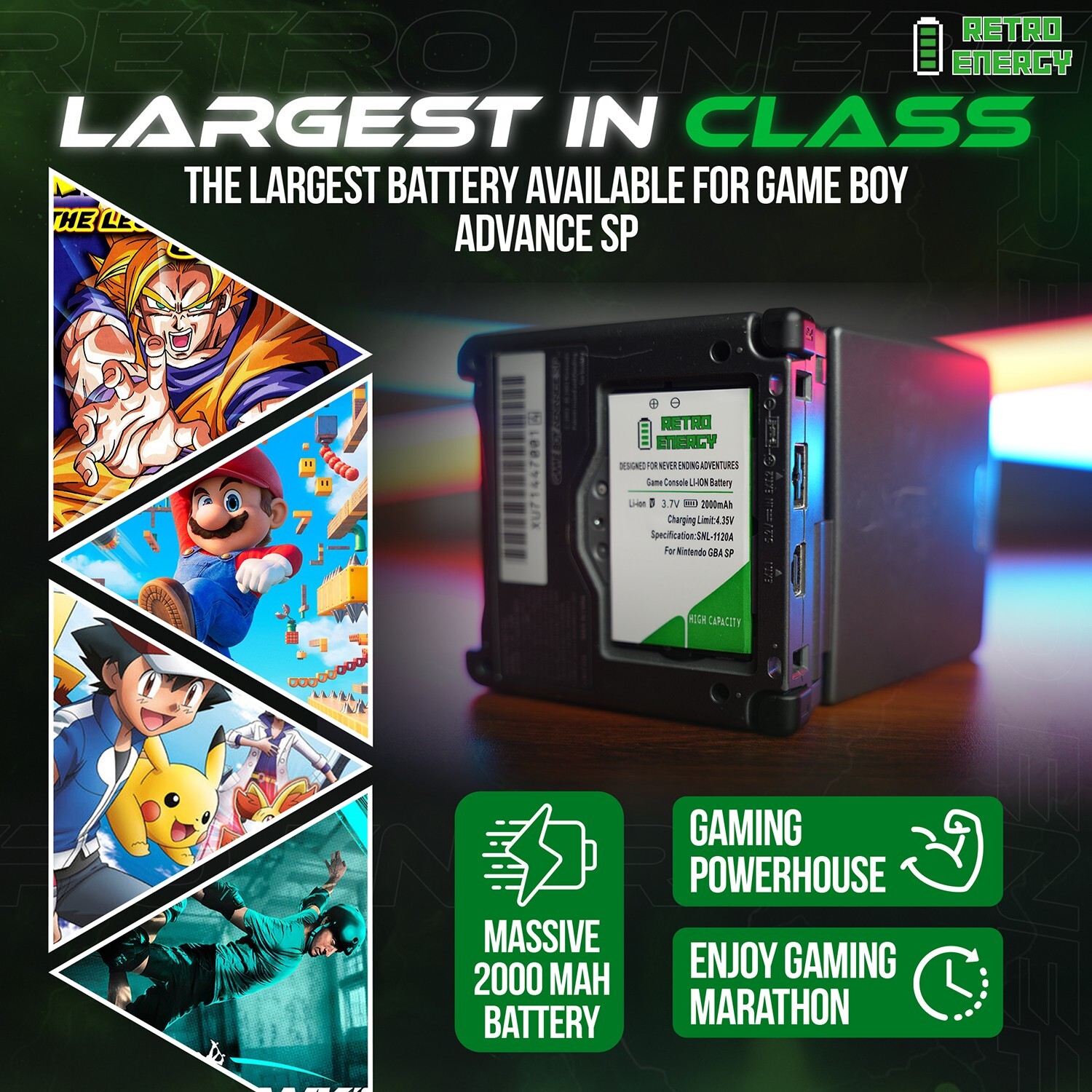 Retro Energy Gameboy Advance SP Battery 2000 mAh GBA Lithium Ion LARGEST BATTERY