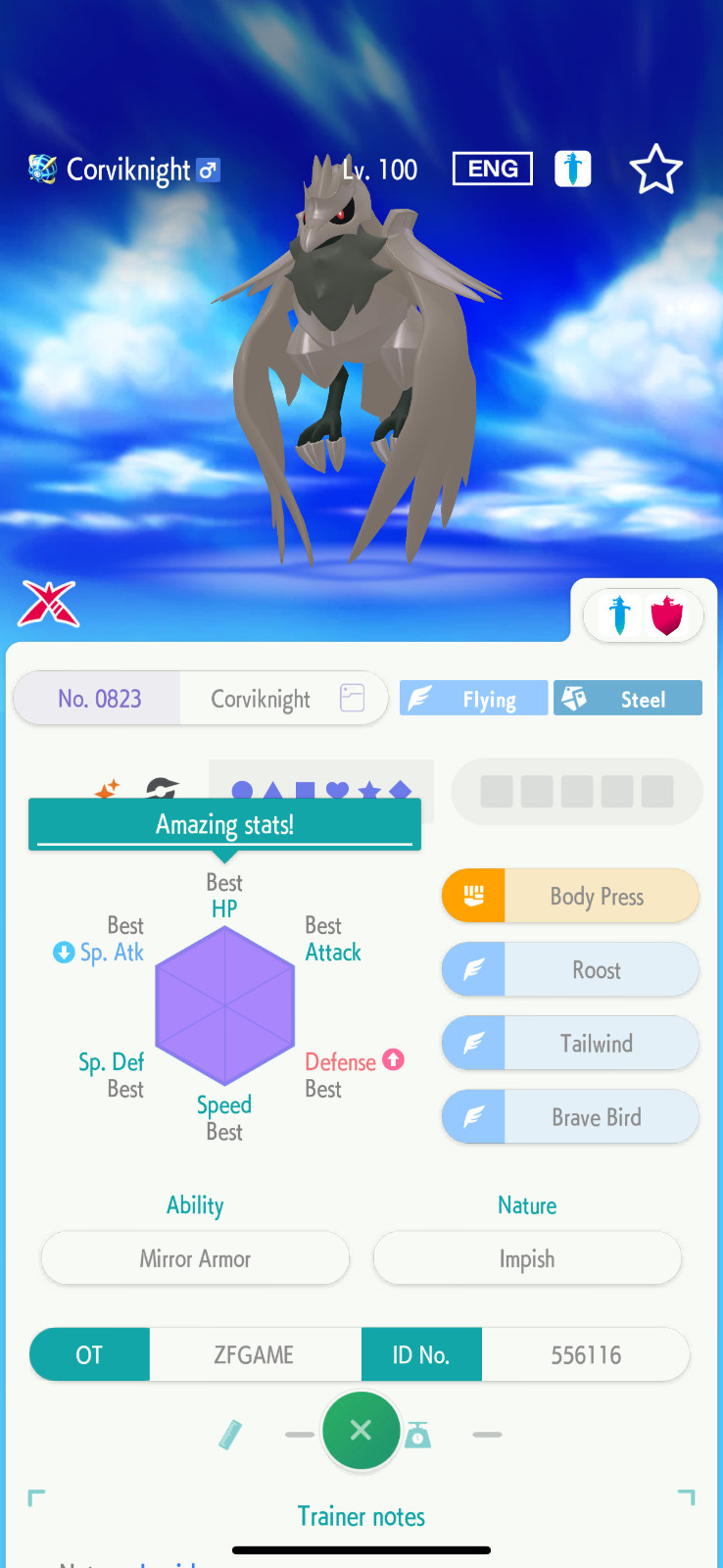 ✨6IV SHINY Corviknight + EVS🚀 POKEMON HOME✨Champions✨Online delivery⚡