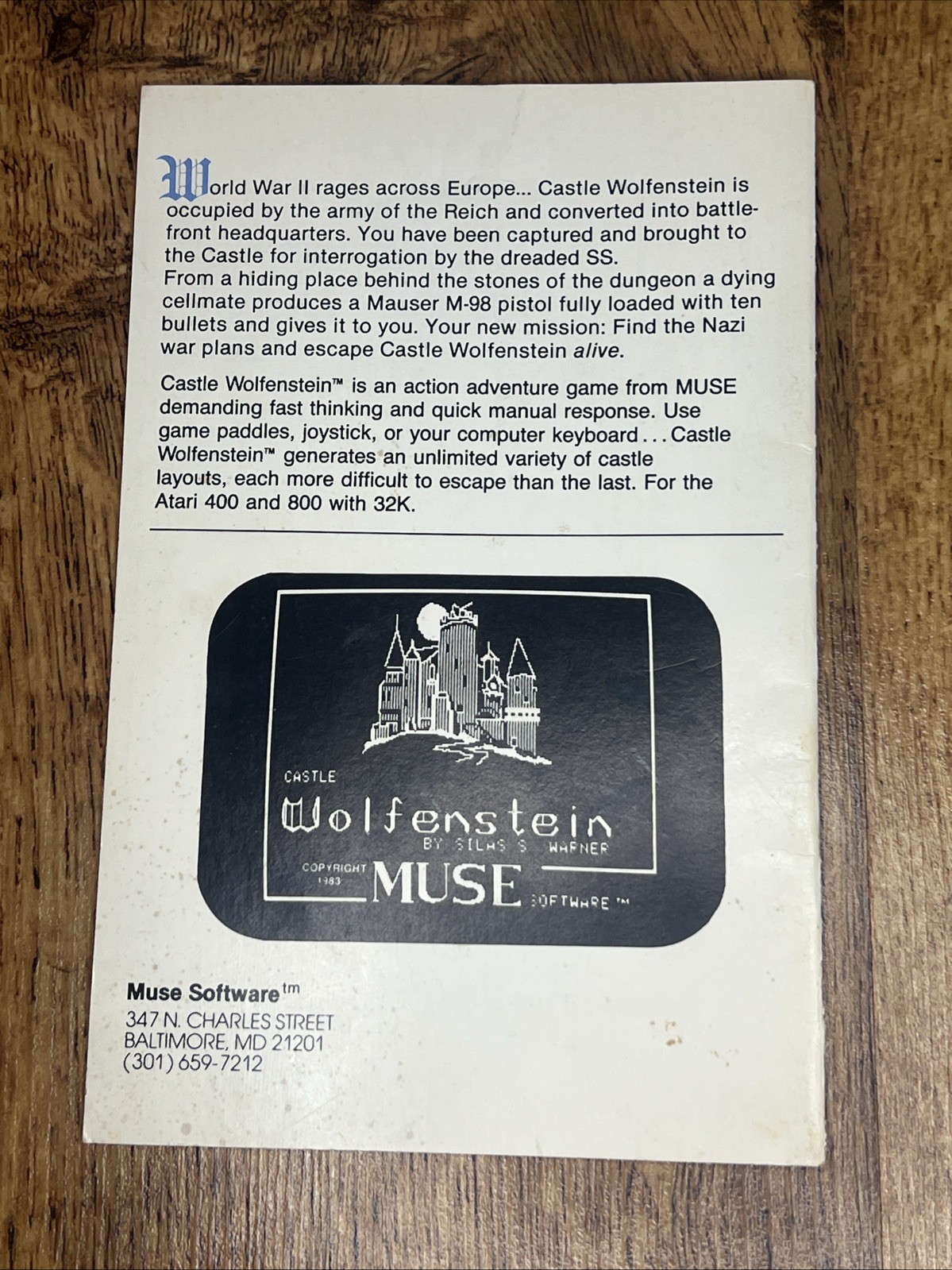 Vintage 1983 Muse Software Castle Wolfenstein For Atari 400-800 MANUAL ONLY VG