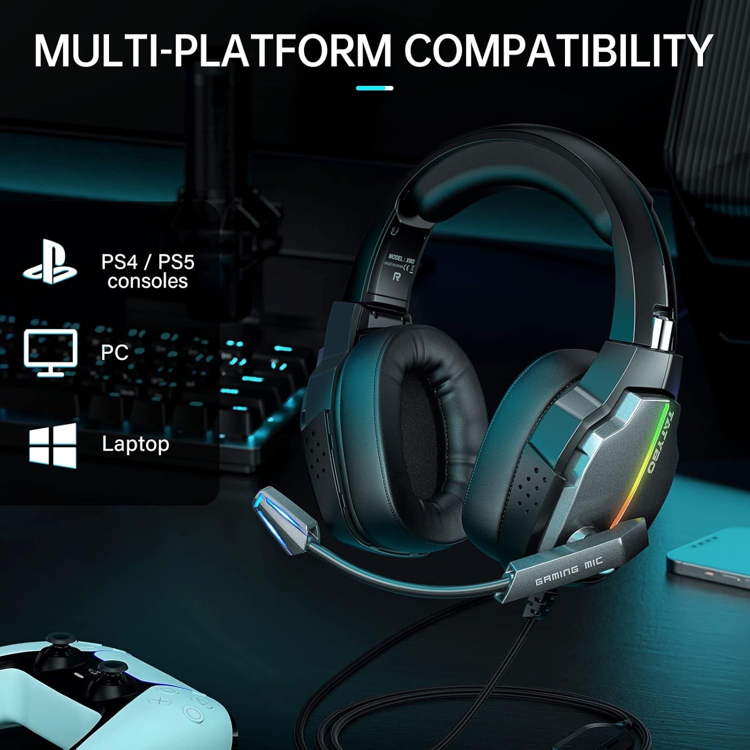 XW2 USB Gaming Headset for PC, 7.1 Surround Sound Gaming Headphones with Noise C