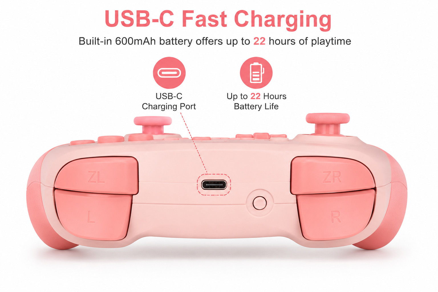 Wireless Pro Controller for Switch OLED Lite Bluetooth USB-C Dual Vibration Pink