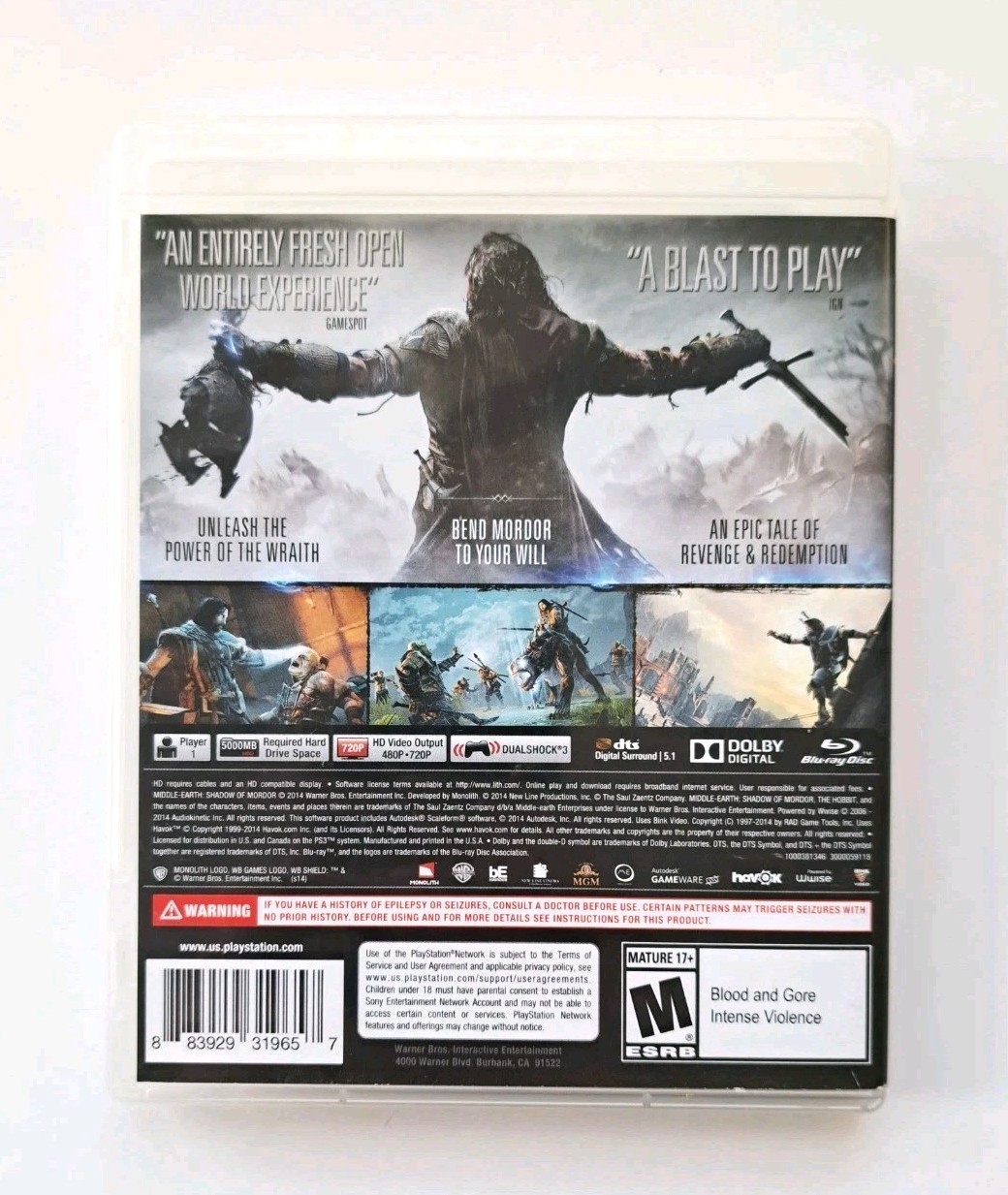 Middle Earth: Shadow of Mordor (Sony PlayStation 3, 2014) CIB