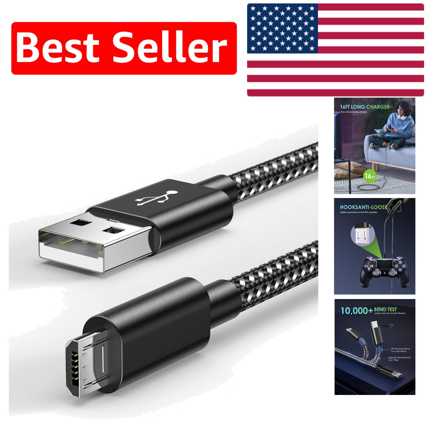 Extra Long 16 FT Nylon Braided Micro USB Charging Cable for Gaming Consoles