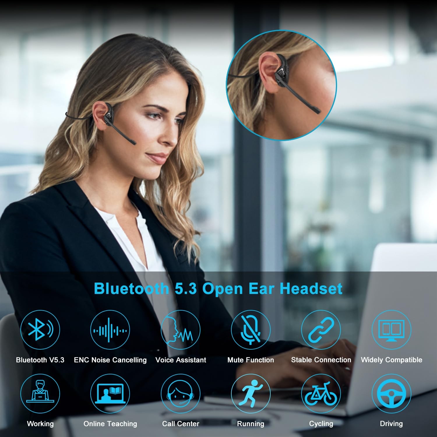 Bluetooth 5.3 Headset with Microphone, Open Ear Headphones w/Noise Cancelling…