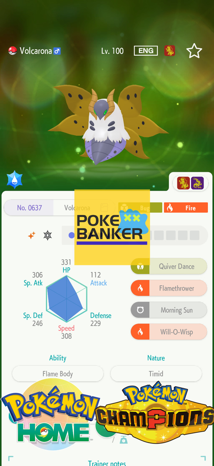 Pokemon Champions/Home Shiny VOLCARONA 6IV MAX EV Battle Ready Tradé