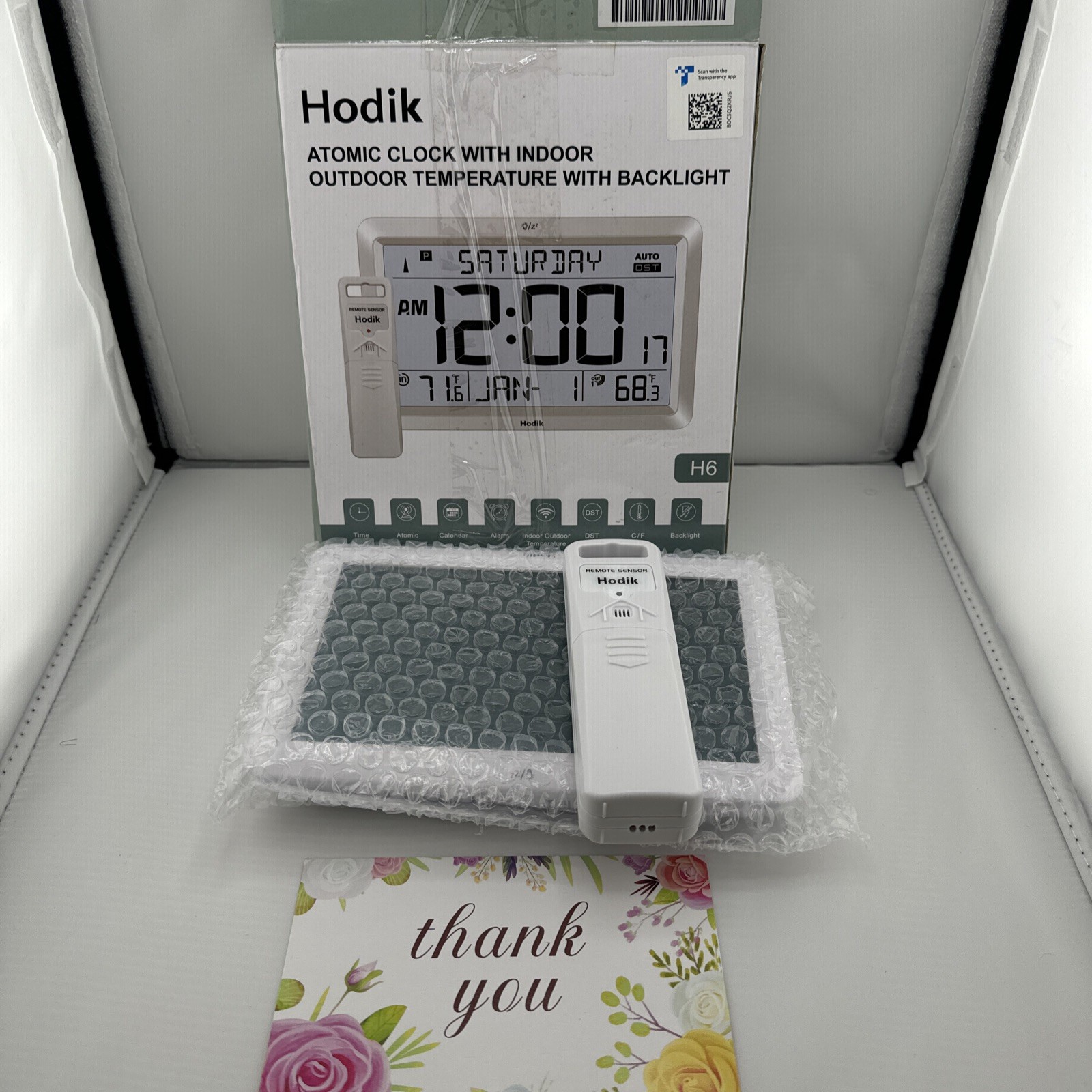 HODIK Wall Clock Atomic with Indoor Outdoor Temperature 9*5.9*1.1 in, Silver