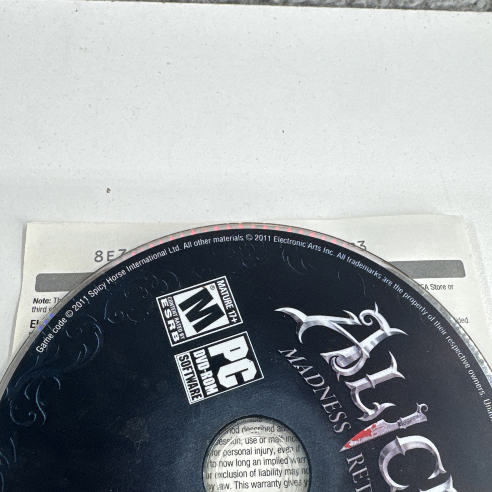 Alice: Madness Returns (PC Video Game 2011) Includes Disc, Paper Insert + Key