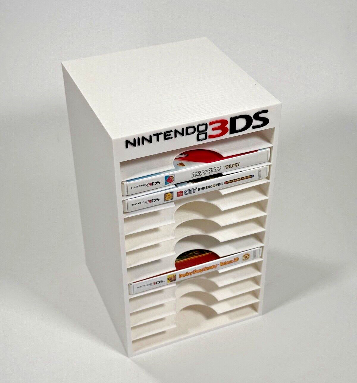 3D Printed 3DS Game Storage Display Case (Holds 12 Games in Cases) White w/ Logo