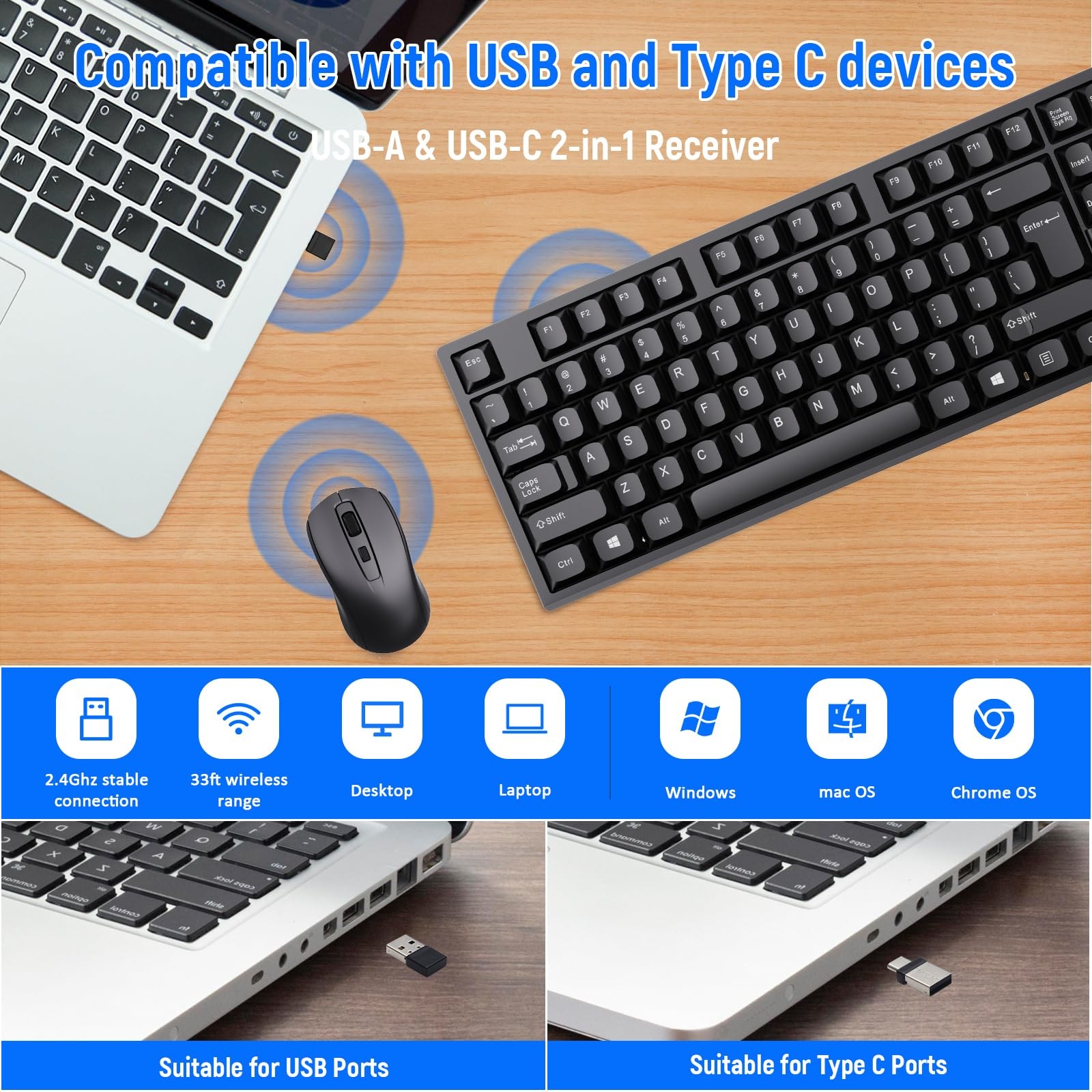 Wireless Keyboard and Mouse Combo-Full Size QWERTY Layout 2.4G Stereo black