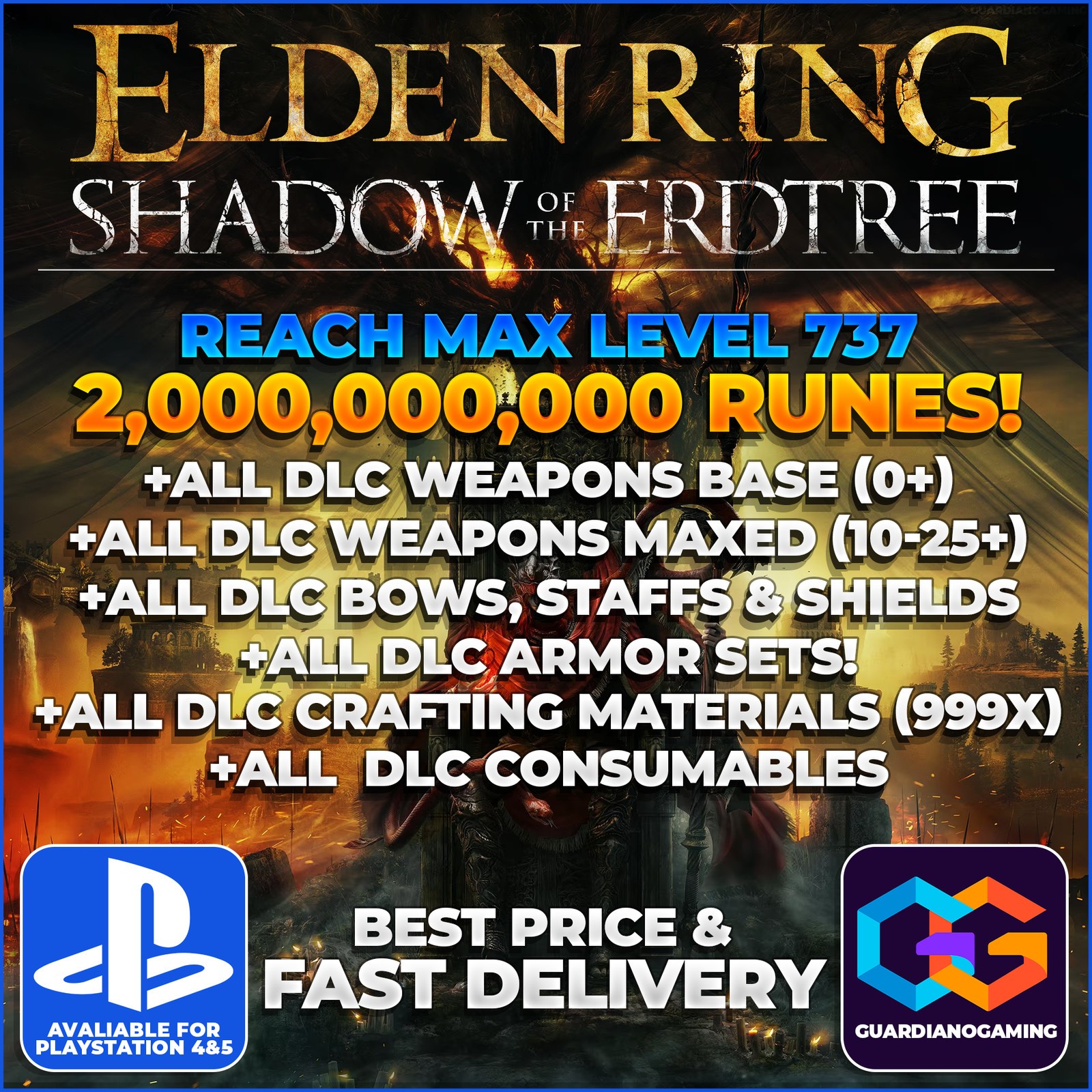 Elden Ring + Shadow of The Erdtree PS4/PS5 ALL Items Base Game + 2 BILLION Rune