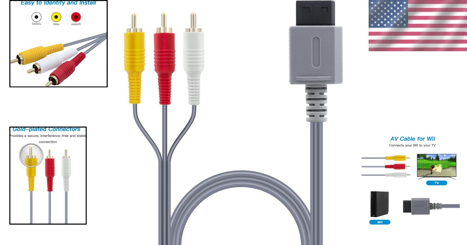 6FT Gold-Plated AV Cable for Wii and Wii U – Perfect for TV Connection