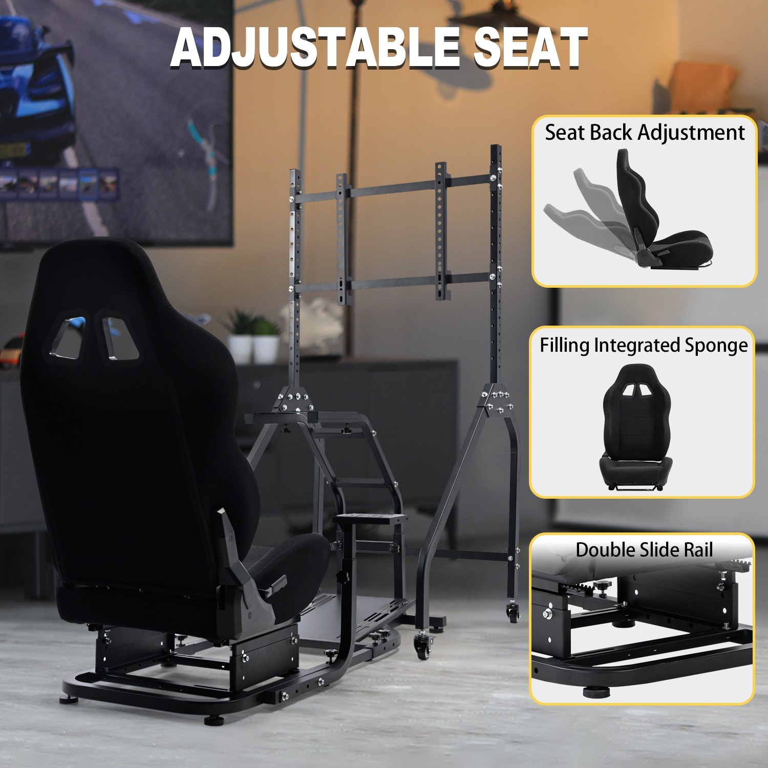 Marada Racing Simulator Cockpit With Black Seat And Monitor Stand For Logitech