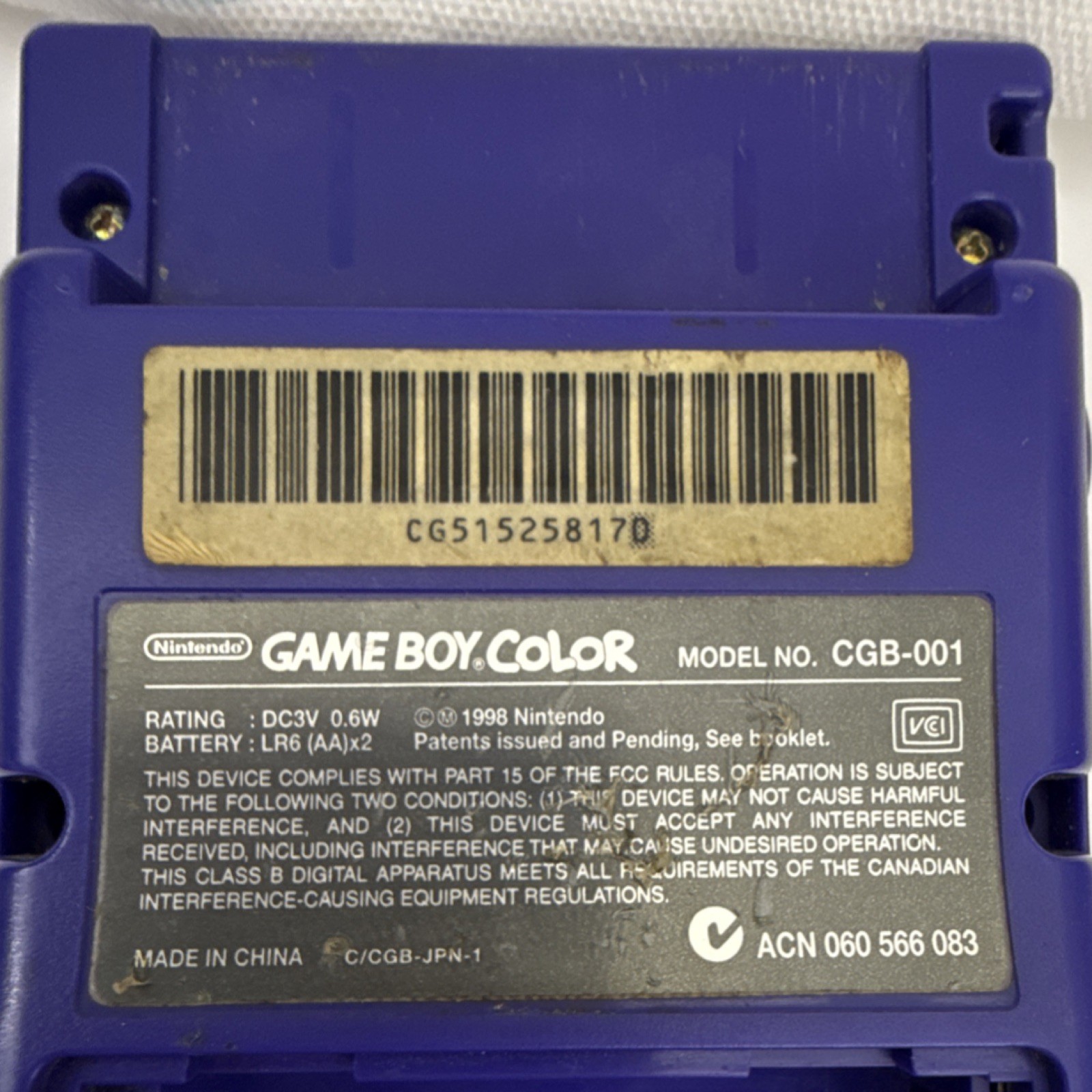Nintendo Game Boy Color CGB-001 Purple Handheld System Battery Powered